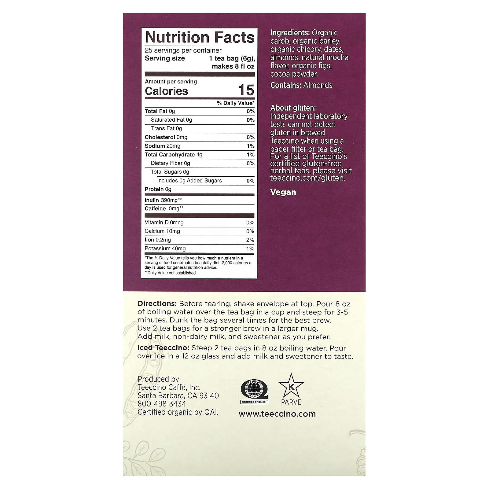 Teeccino, Жареный травяной чай, мокко, без кофеина, 25 чайных пакетиков, 150 г (5,3 унции)