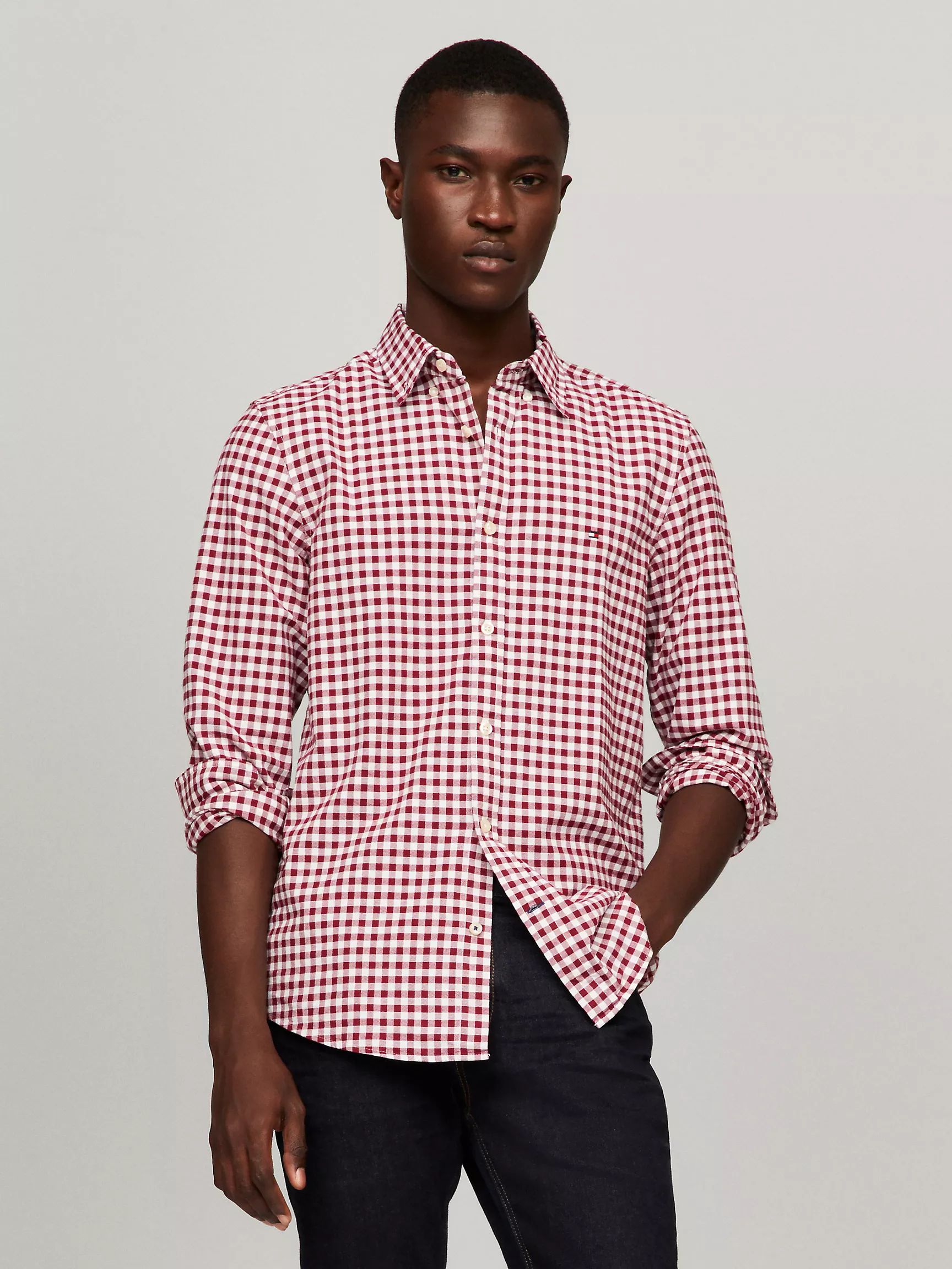 Мужская рубашка Tommy Hilfiger, Приталенная эластичная рубашка из оксфорда в клетку гингем