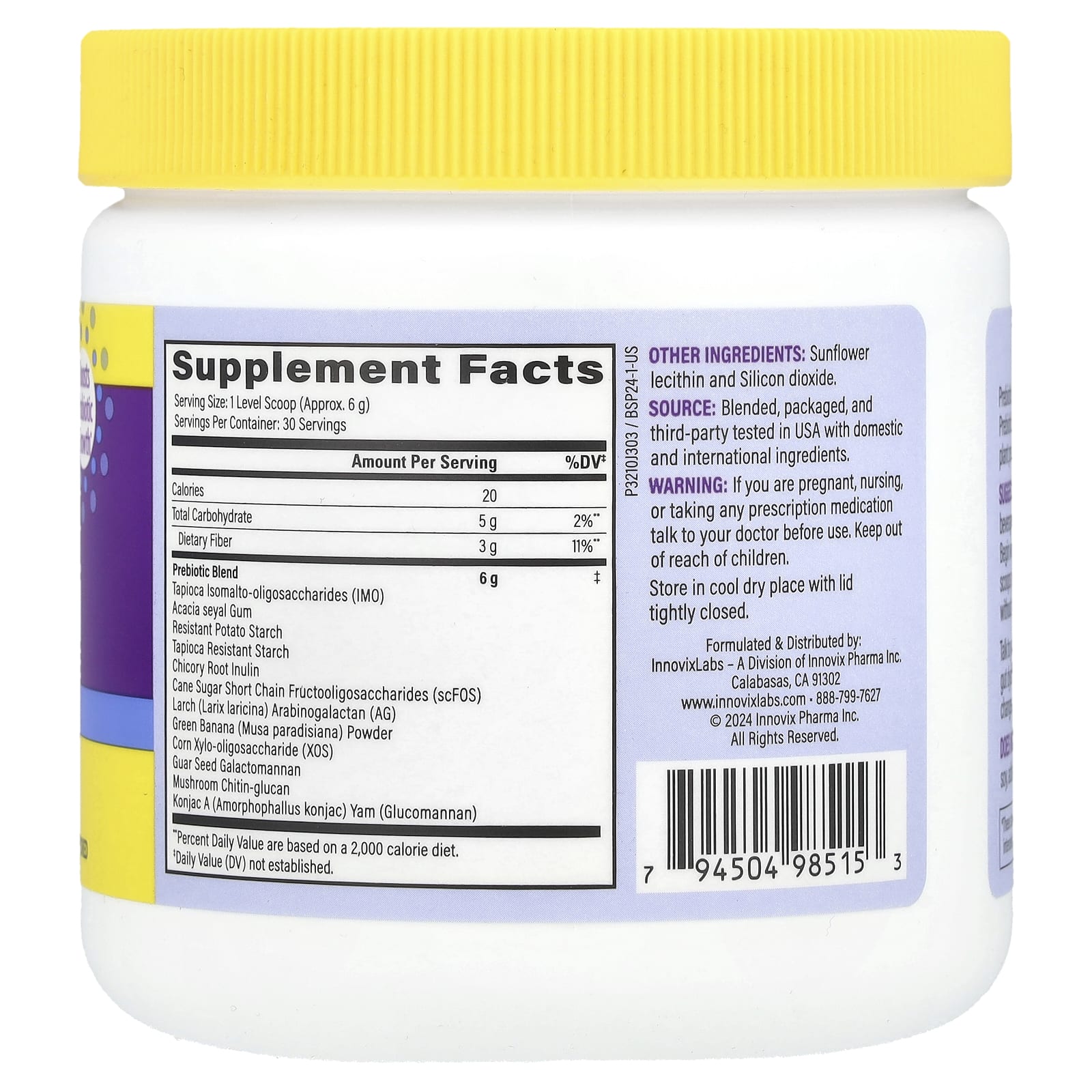 InnovixLabs, пребиотическая клетчатка широкого спектра действия, без добавок, 180 г (6,4 жидк. унции)