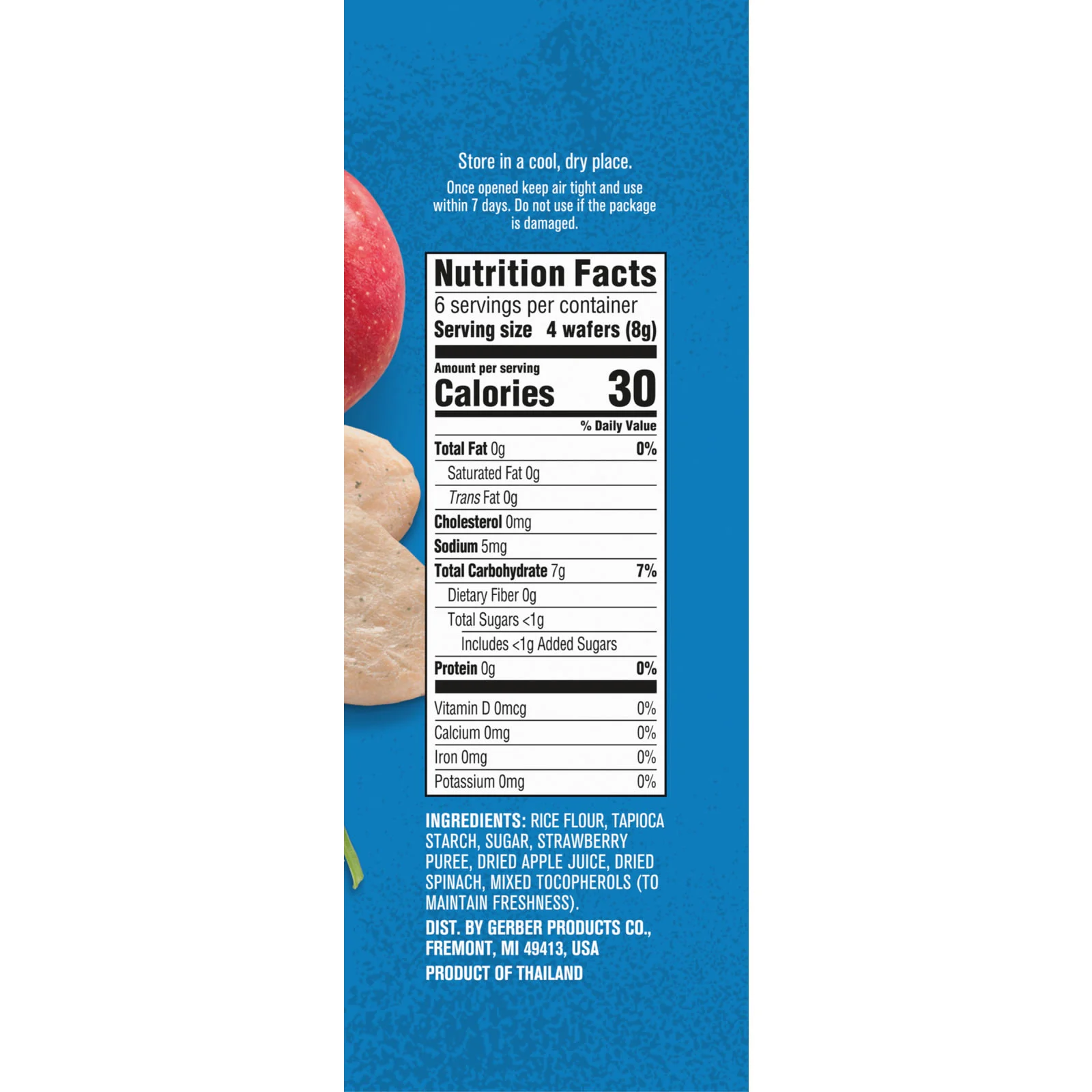 Gerber, Детские снеки, прорезыватели, вафли для защиты зубов, от 7 месяцев, клубника, яблоко и шпинат, 12 пакетиков по 2 шт. В индивидуальной упаковке, по 2 вафли