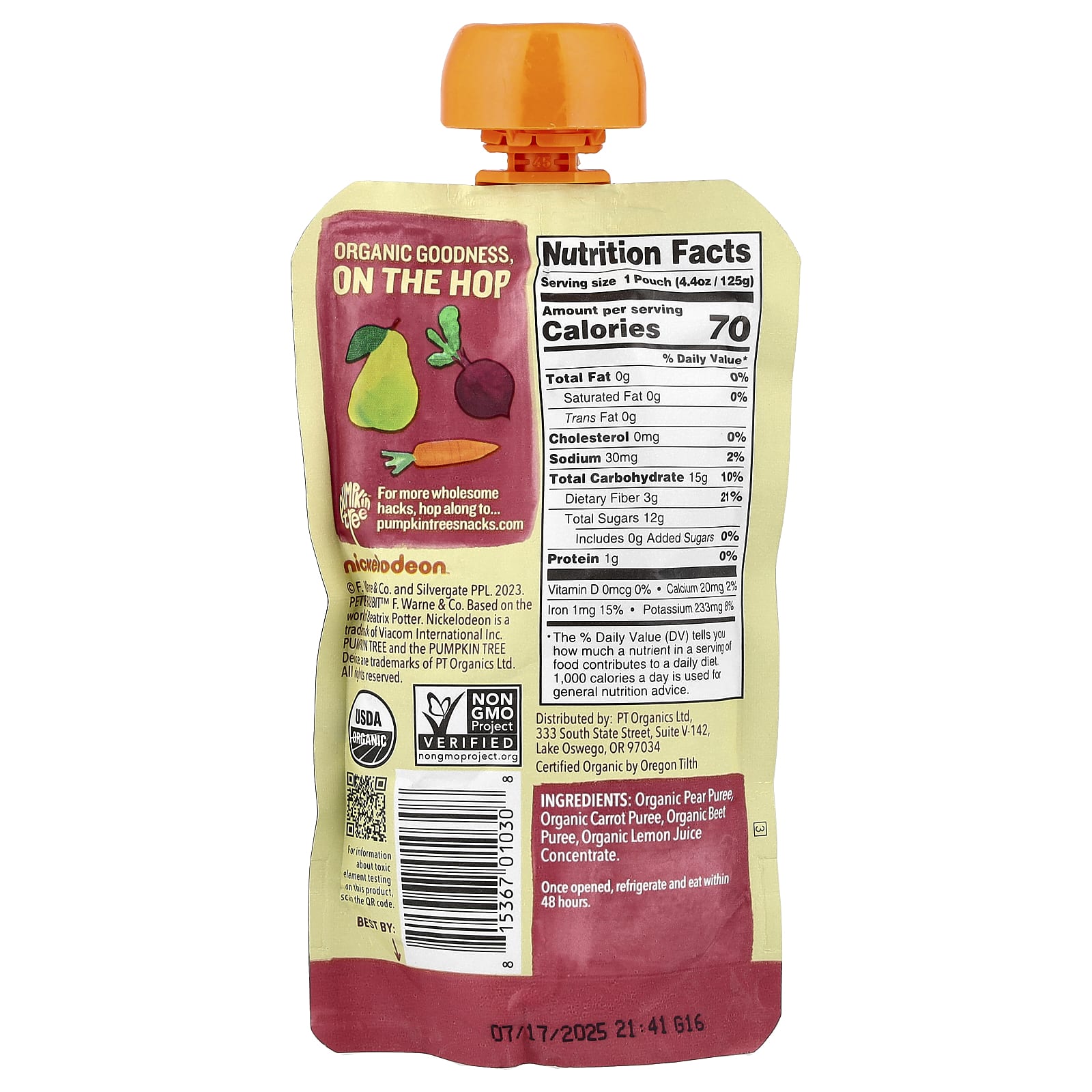 Pumpkin Tree Organics, Peter Rabbit™ Organics, пюре из органических фруктов и овощей, груша, морковь и свекла, 125 г (4,4 унции)