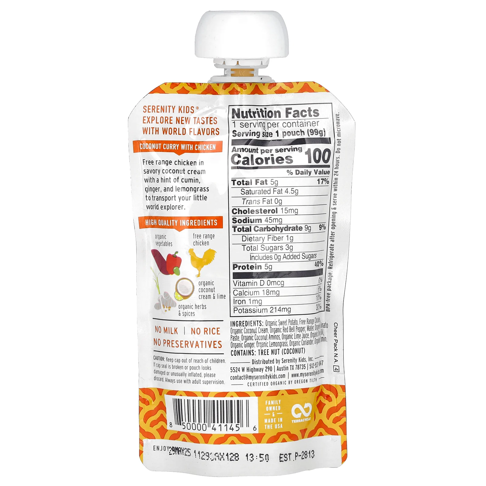 Serenity Kids, карри с кокосом и курицей с бататом, красным перцем и кокосовым кремом, для детей от 6 месяцев, 99 г (3,5 унции)