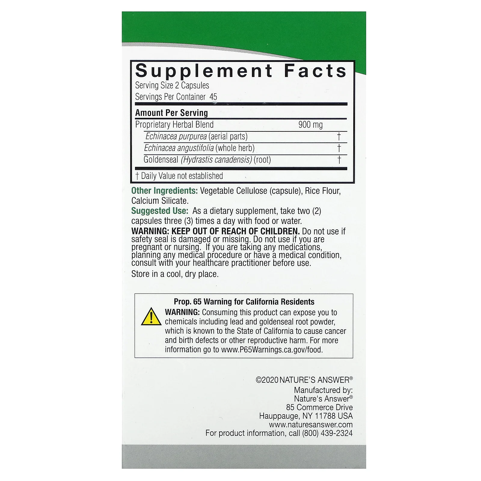 Nature's Answer, Эхинацея и желтокорень, 90 вегетарианских капсул