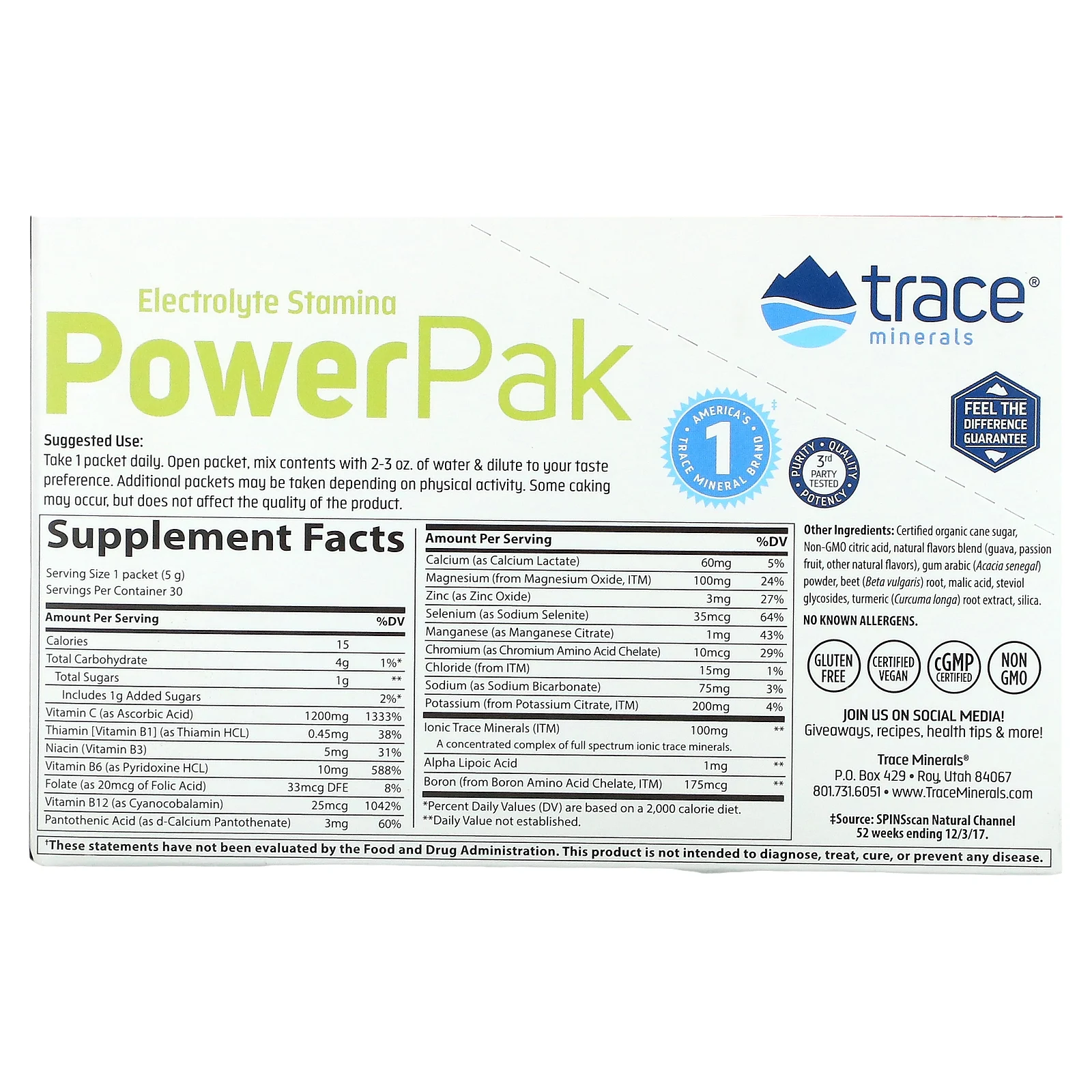 Trace Minerals ®, Electrolyte Stamina Power Pak, гуава и маракуйя, 30 пакетиков по 5 г (0,18 унции)