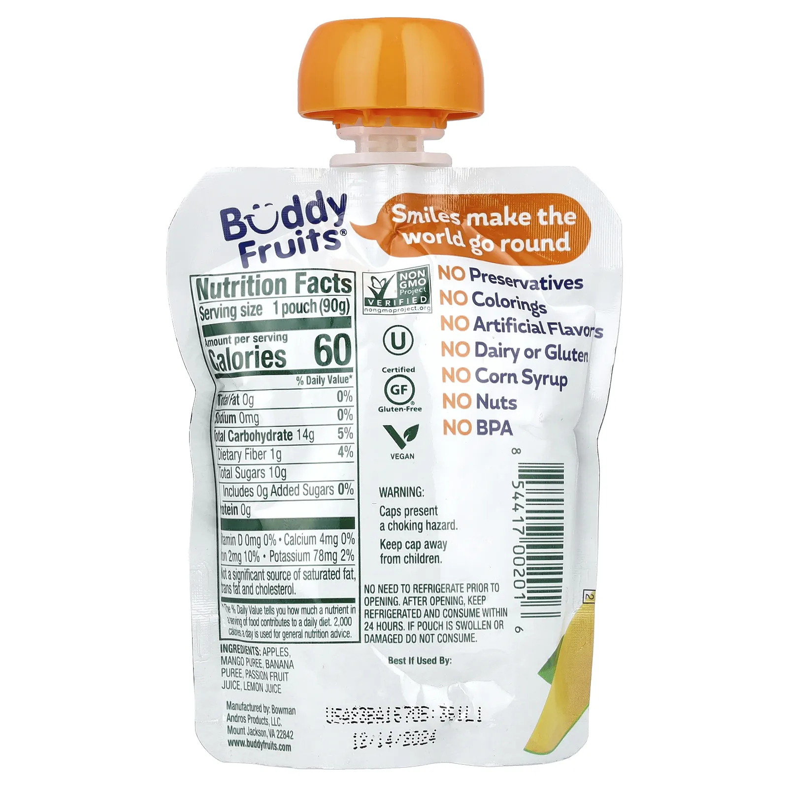 Buddy Fruits, фруктовая смесь, манго, банан и маракуйя, 90 г (3,2 унции)