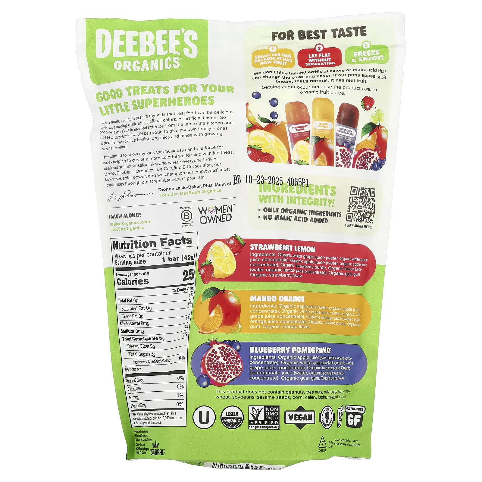 Deebee's Organic, Superfruit Freezie, ассорти, 10 батончиков, 40 мл (1,35 жидк. Унции)