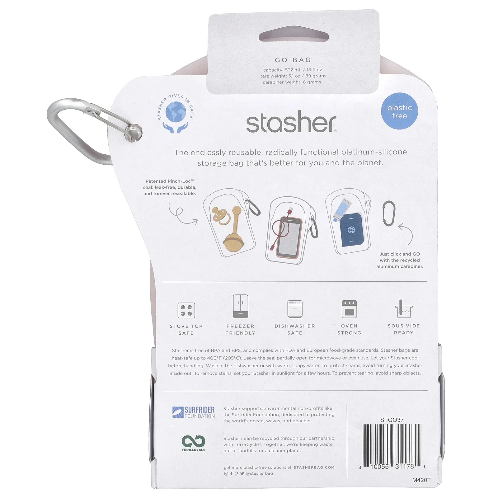 Stasher, Go Bag, розовый, 1 пакетик, 532 мл (18 жидк. Унций)