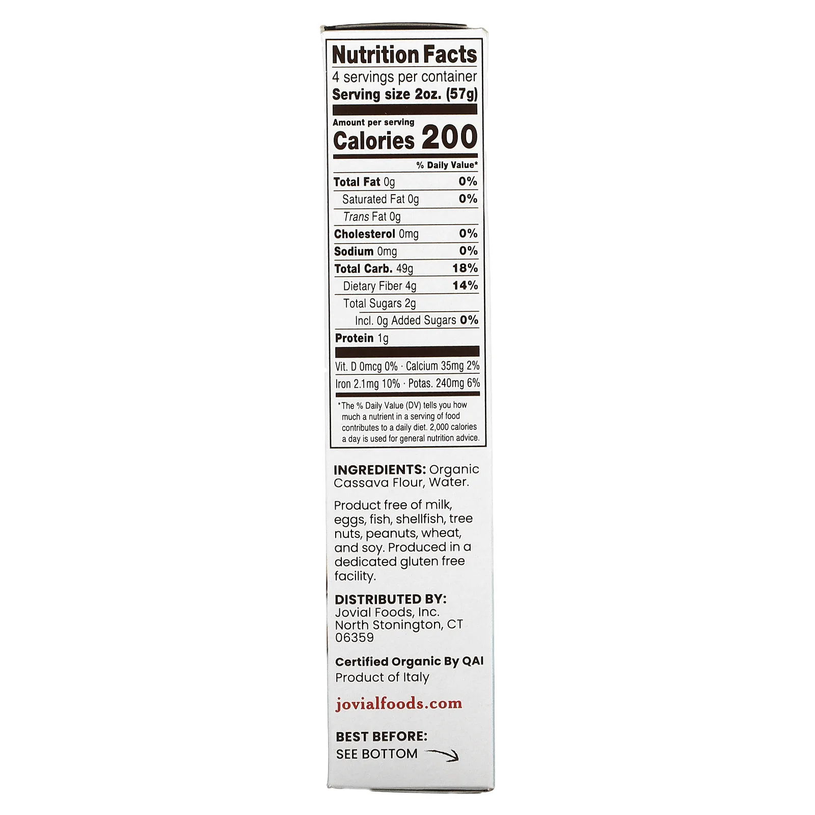 Jovial, органическая беззерновая паста из кассавы, пенне, 227 г (8 унций)