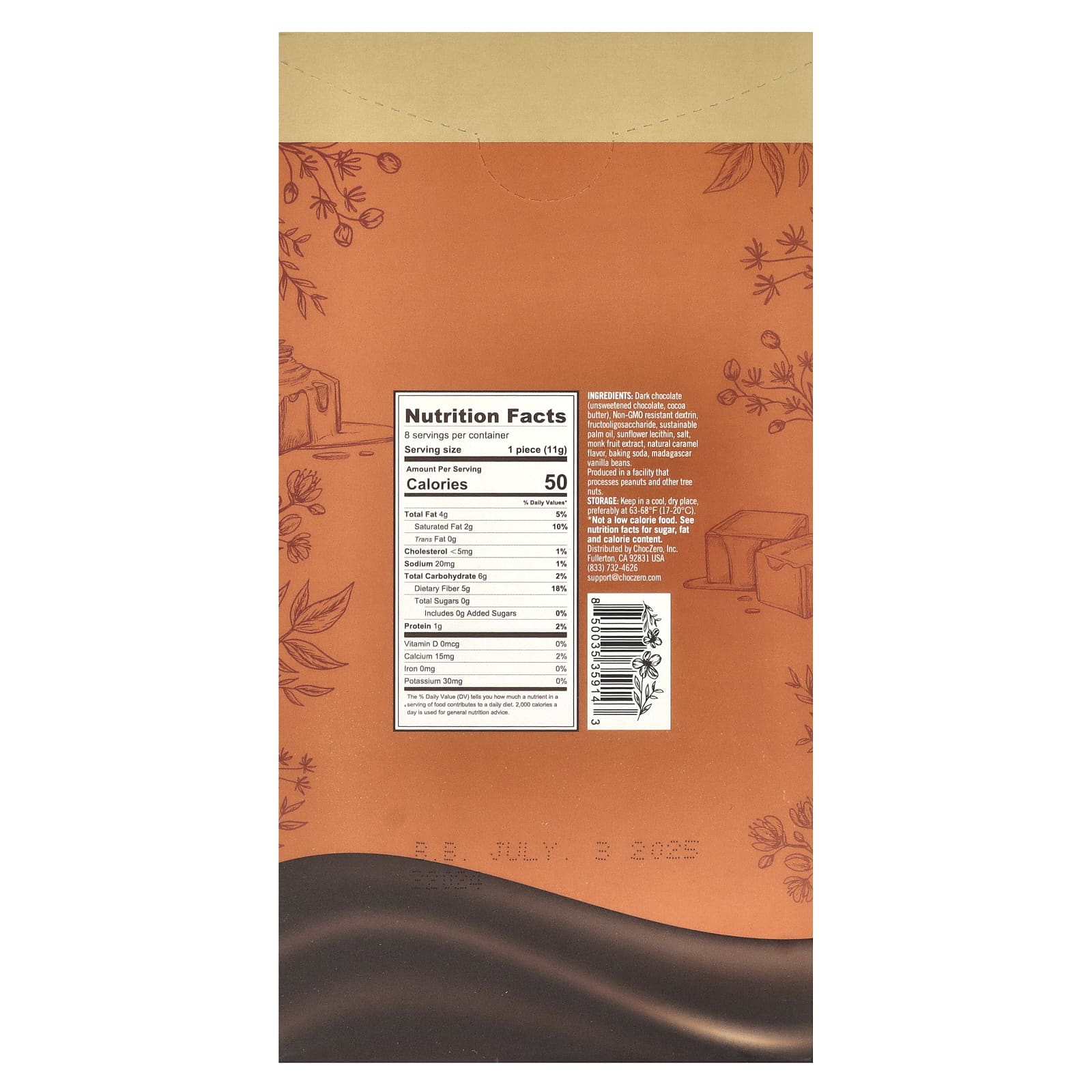 ChocZero, Keto Bark, темный шоколад, хрустящая карамель, 8 батончиков, 90 г (3,2 унции)