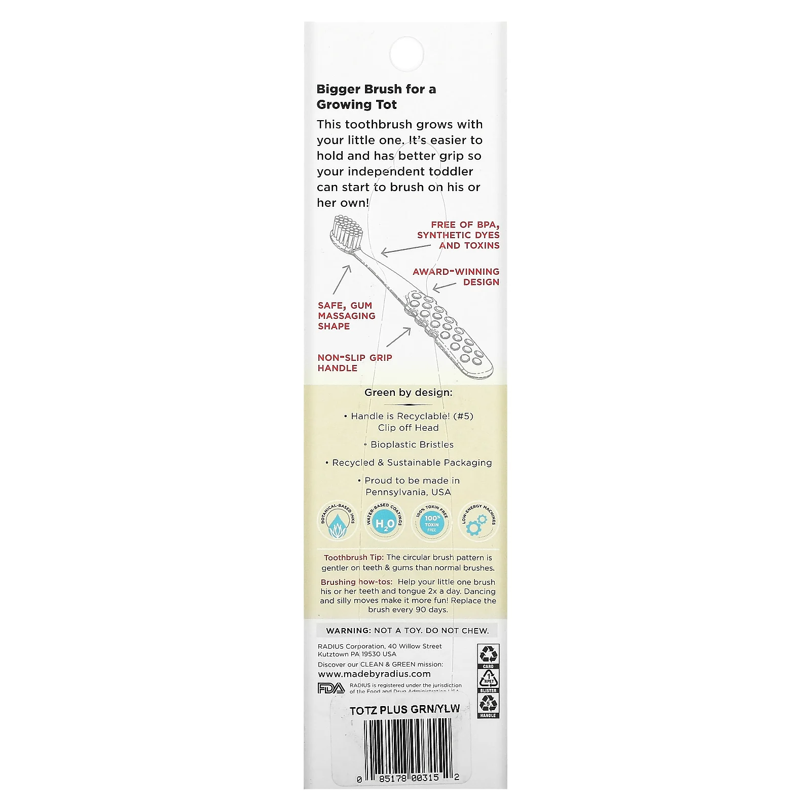 RADIUS, Totz Plus Brush, зубная щетка, для детей от 3 лет, экстра мягкая, сине-желтая, 1 шт.