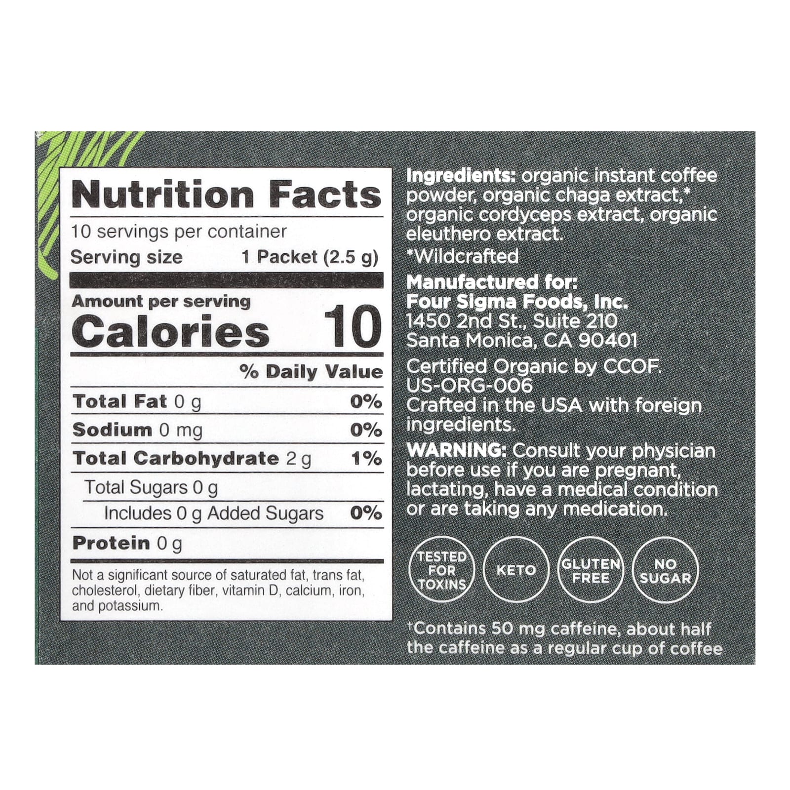 Four Sigmatic, растворимый органический кофе с грибами чага и кордицепс, защита, средняя обжарка, 10 пакетиков по 2,5 г (0,09 унции)