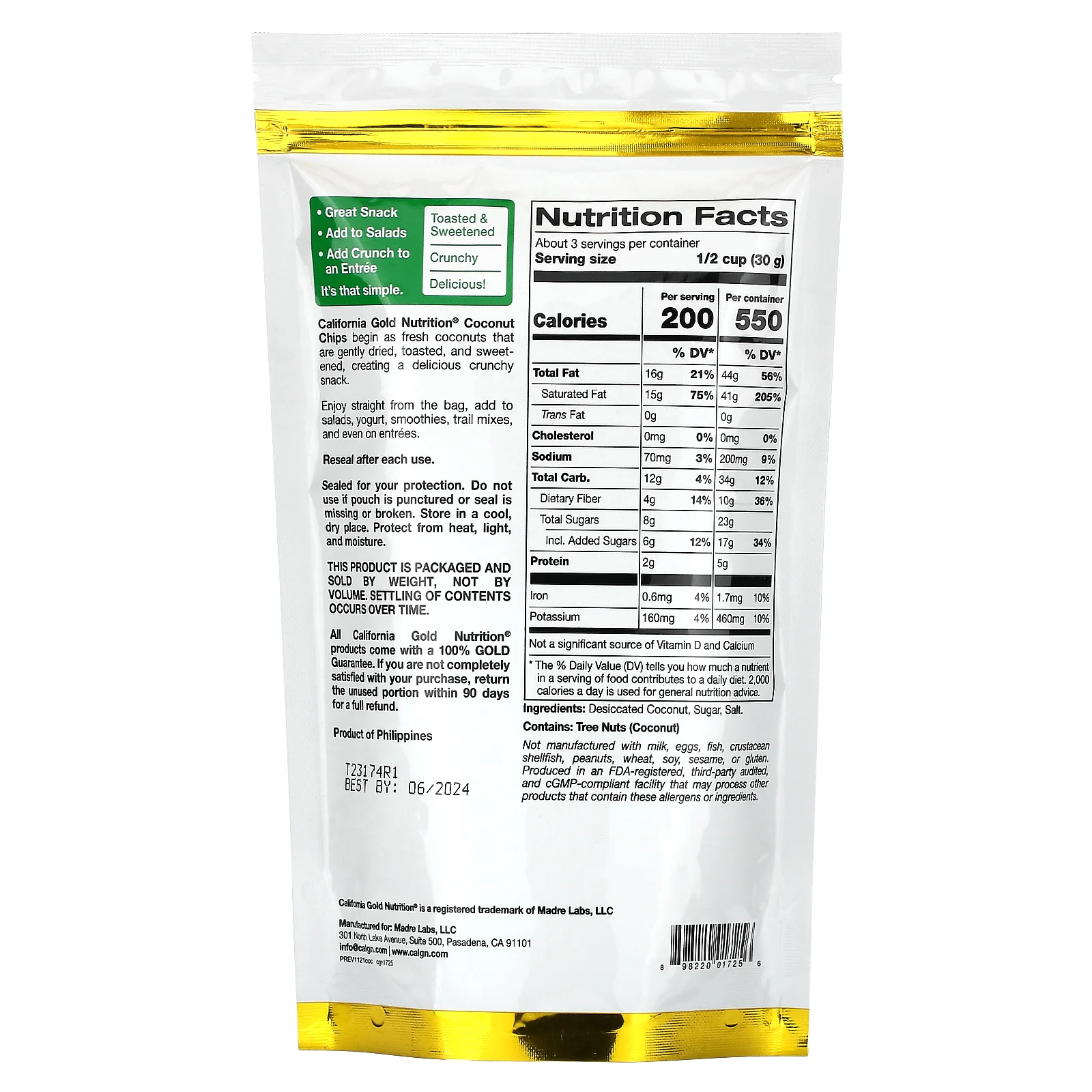California Gold Nutrition, кокосовые чипсы, подслащенные, 84 г (2,96 унции)