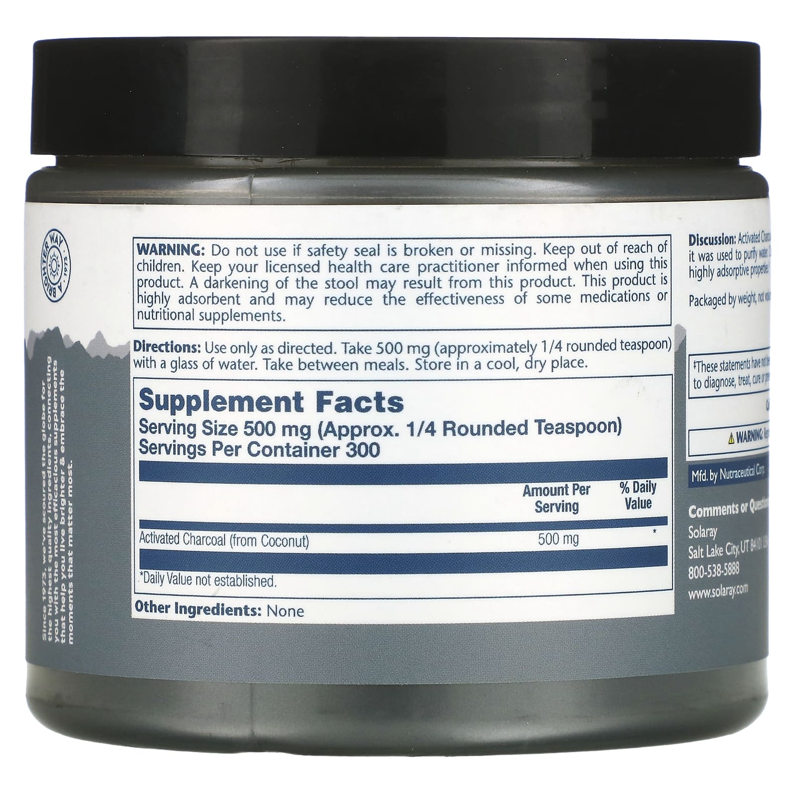 Solaray, порошок активированного кокосового угля, 500 мг, 150 г (5,3 унции)