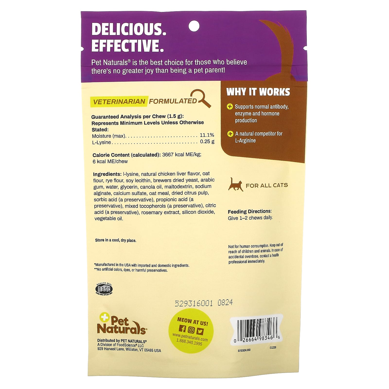 Pet Naturals, L-лизин для котов, со вкусом куриной печени, 250 мг, 60 жевательных таблеток, 90 г (3,17 унции)