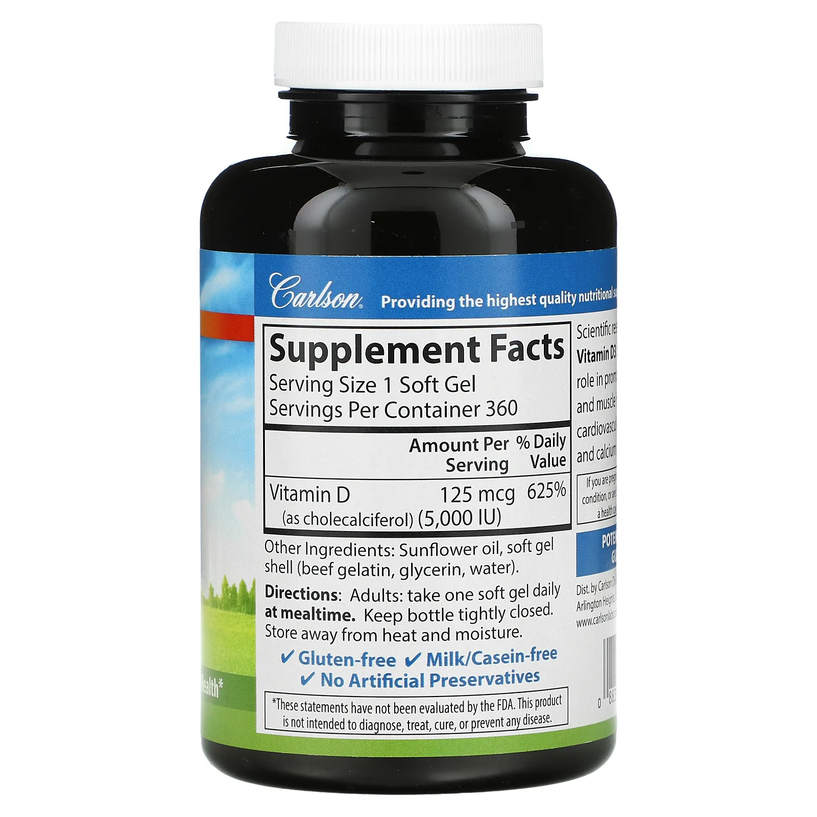 Carlson, Витамин D3, 125 мкг (5000 МЕ), 360 мягких желатиновых капсул