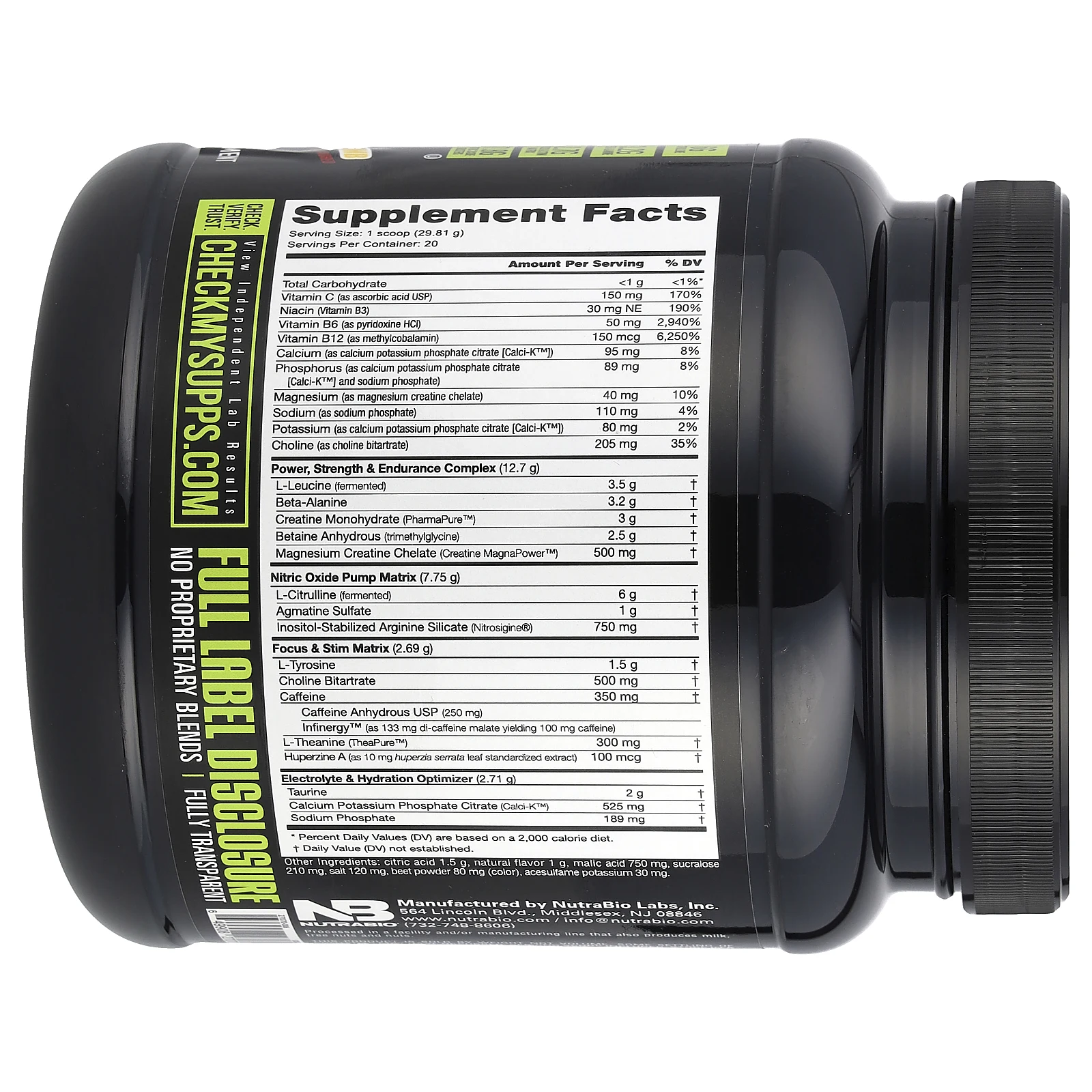 NutraBio, Предтренировочный комплекс, клубника и лимон, 596 г (1,31 фунта)