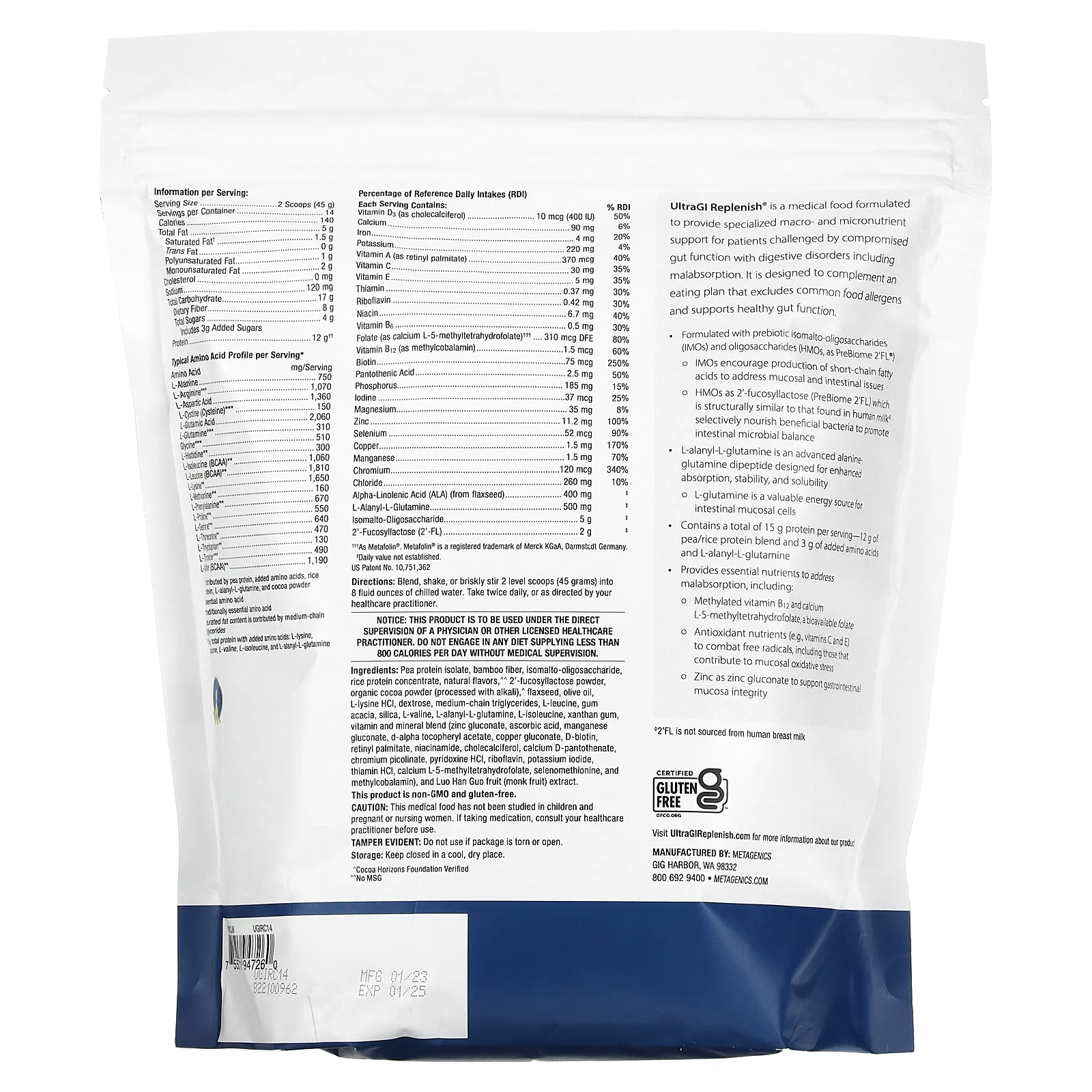 Metagenics, UltraGI Replenish, шоколад, 630 г (22,22 унции)