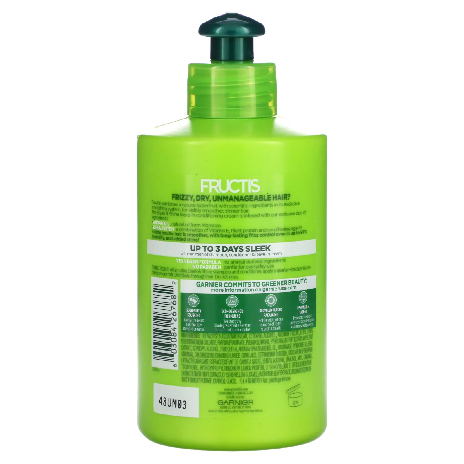 Garnier, Fructis, Sleek & Shine, несмываемый кондиционер для интенсивной разглаживания, вьющиеся, сухие, непослушные волосы, 300 мл (10,2 жидк. Унции)