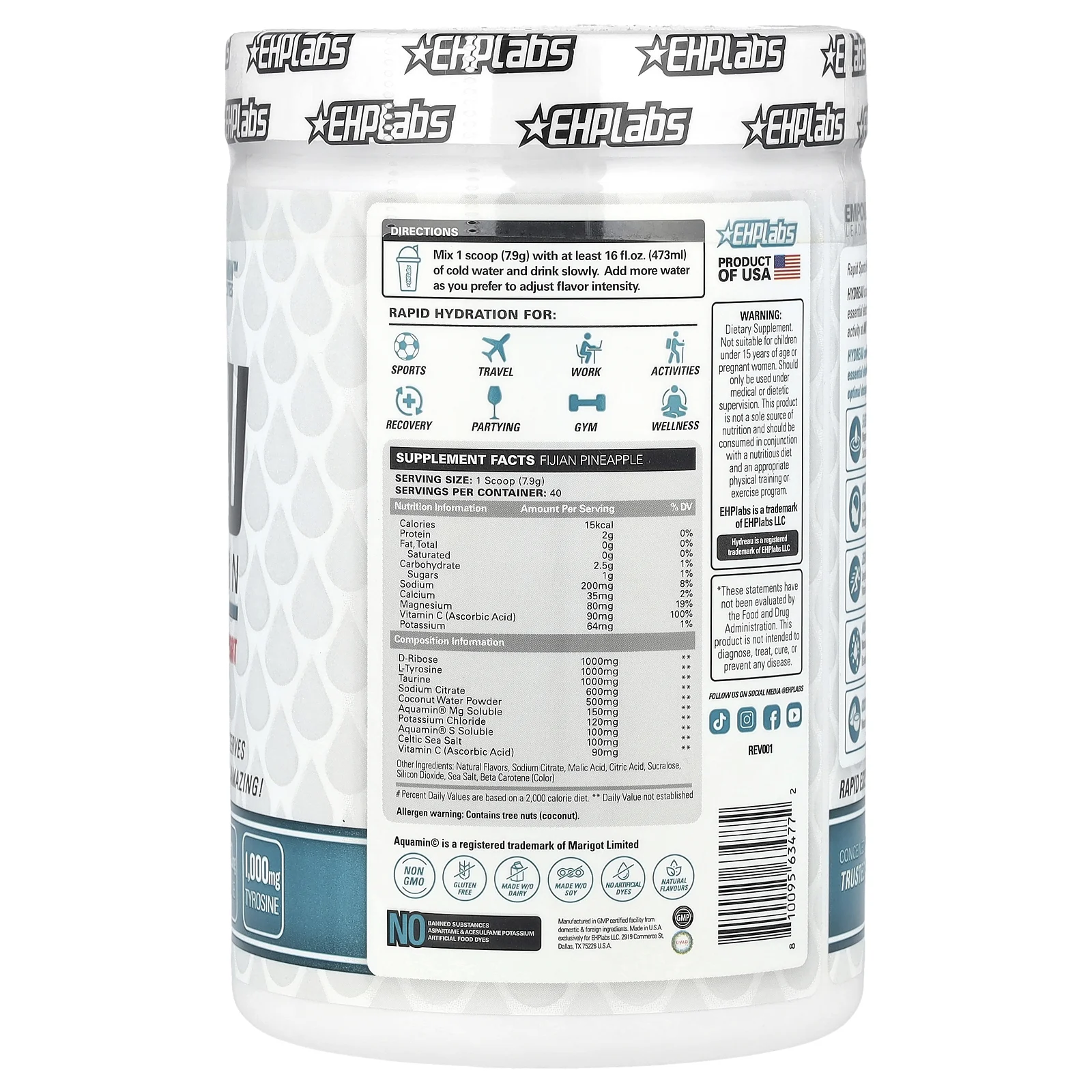 EHPlabs, Hydreau Sports Hydration, фиджийский ананас, 316 г (11,15 унции)