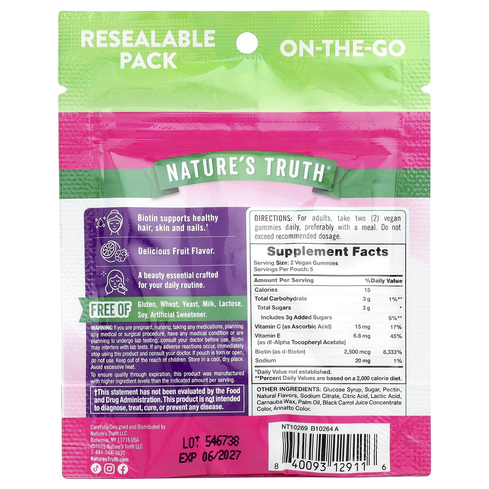 Nature's Truth, для здоровья волос, кожи и ногтей, вкусные фрукты, 10 жевательных таблеток