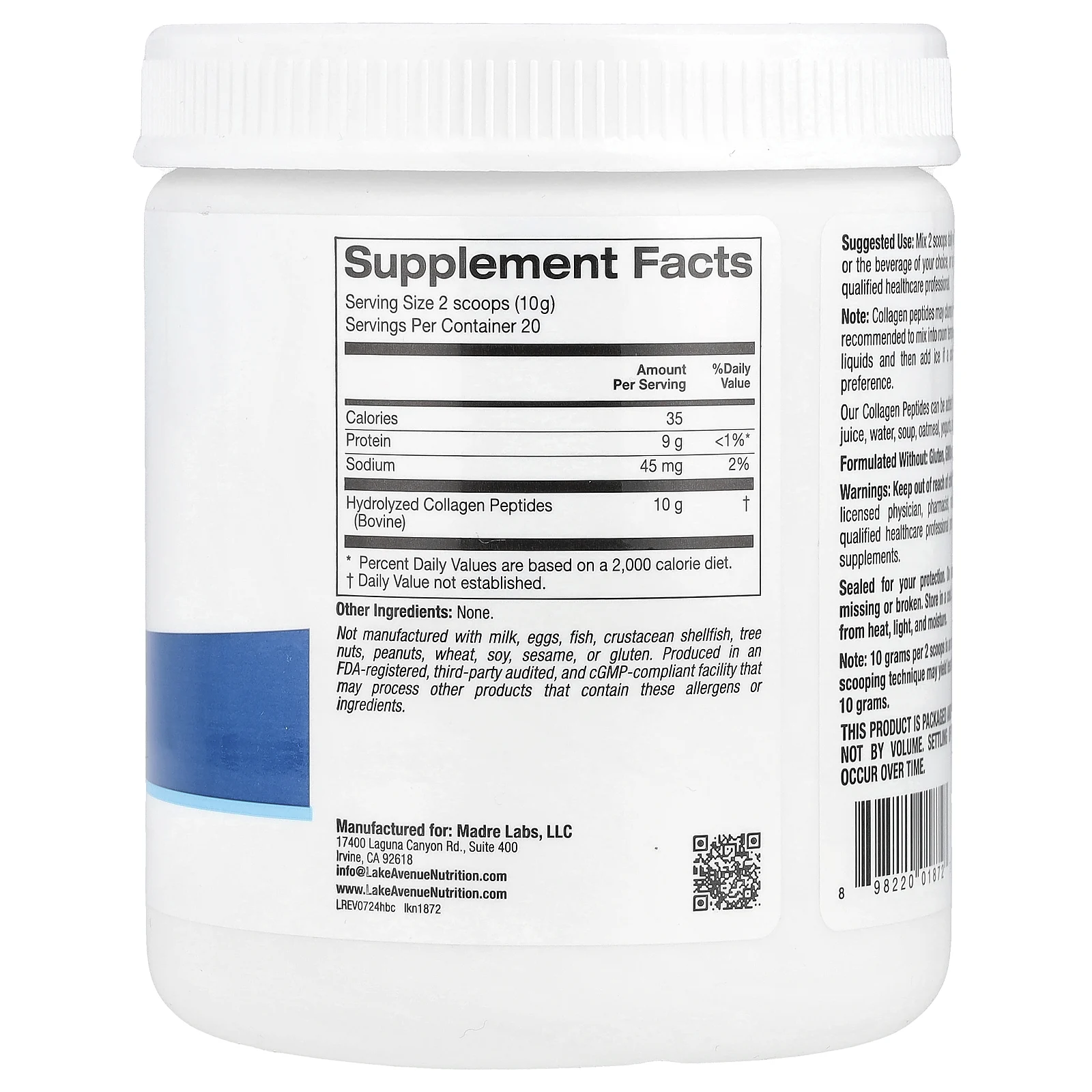 Lake Avenue Nutrition, пептиды гидролизованного коллагена типов I и III, без добавок, 200 г (7,05 унции)