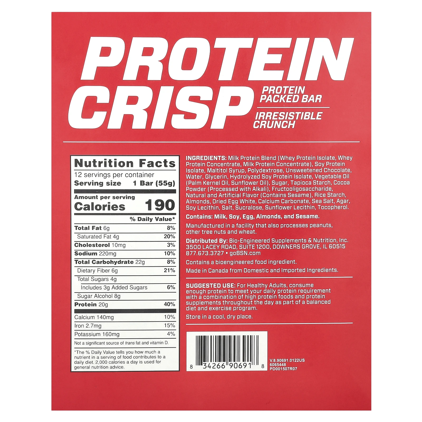 BSN, Protein Crisp, кранч с шоколадом, 12 батончиков, 57 г (2,01 унции) каждый