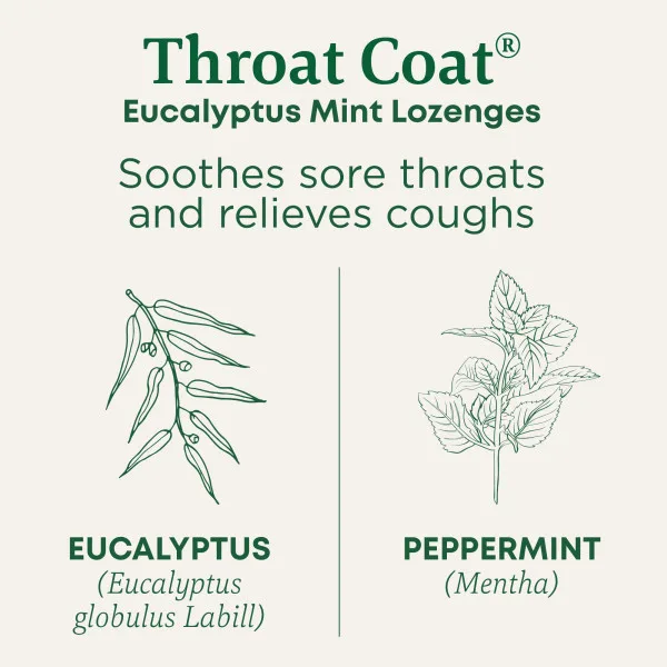 Traditional Medicinals, Organic Throat Coat®, эвкалиптовая мята, 30 леденцов от кашля с ментолом