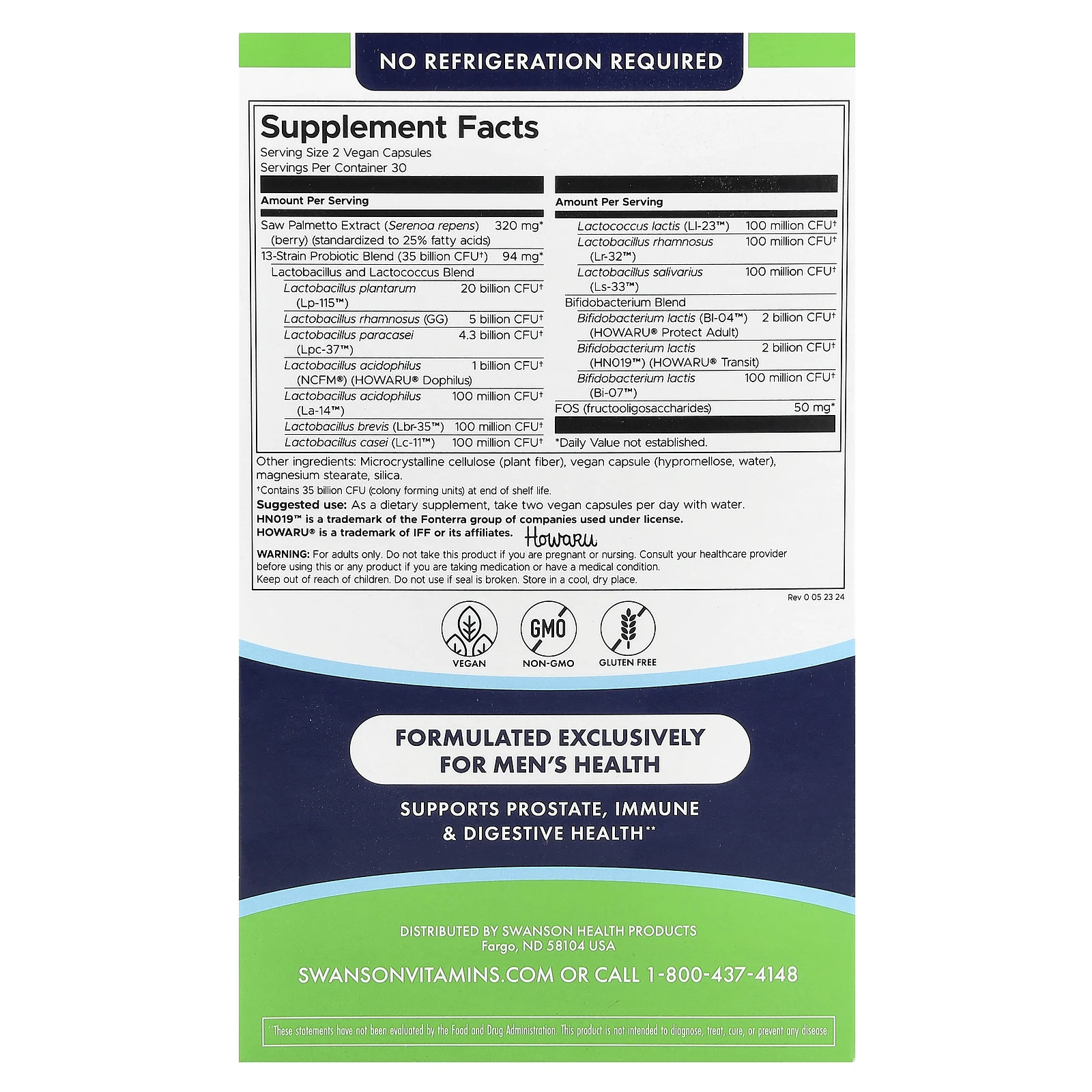 Swanson, Для мужчин, ежедневно, пробиотики и пребиотики, ФОС и сереноа, 35 млрд КОЕ, 60 веганских капсул