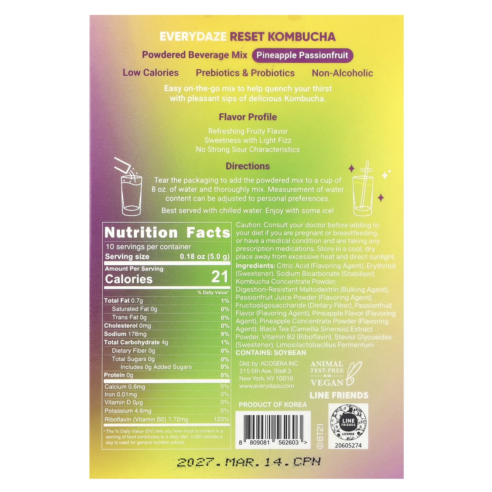 Everydaze, Reset Kombucha, порошковая смесь для напитков, ананас и маракуйя, 10 пакетиков по 5 г (0,18 унции)