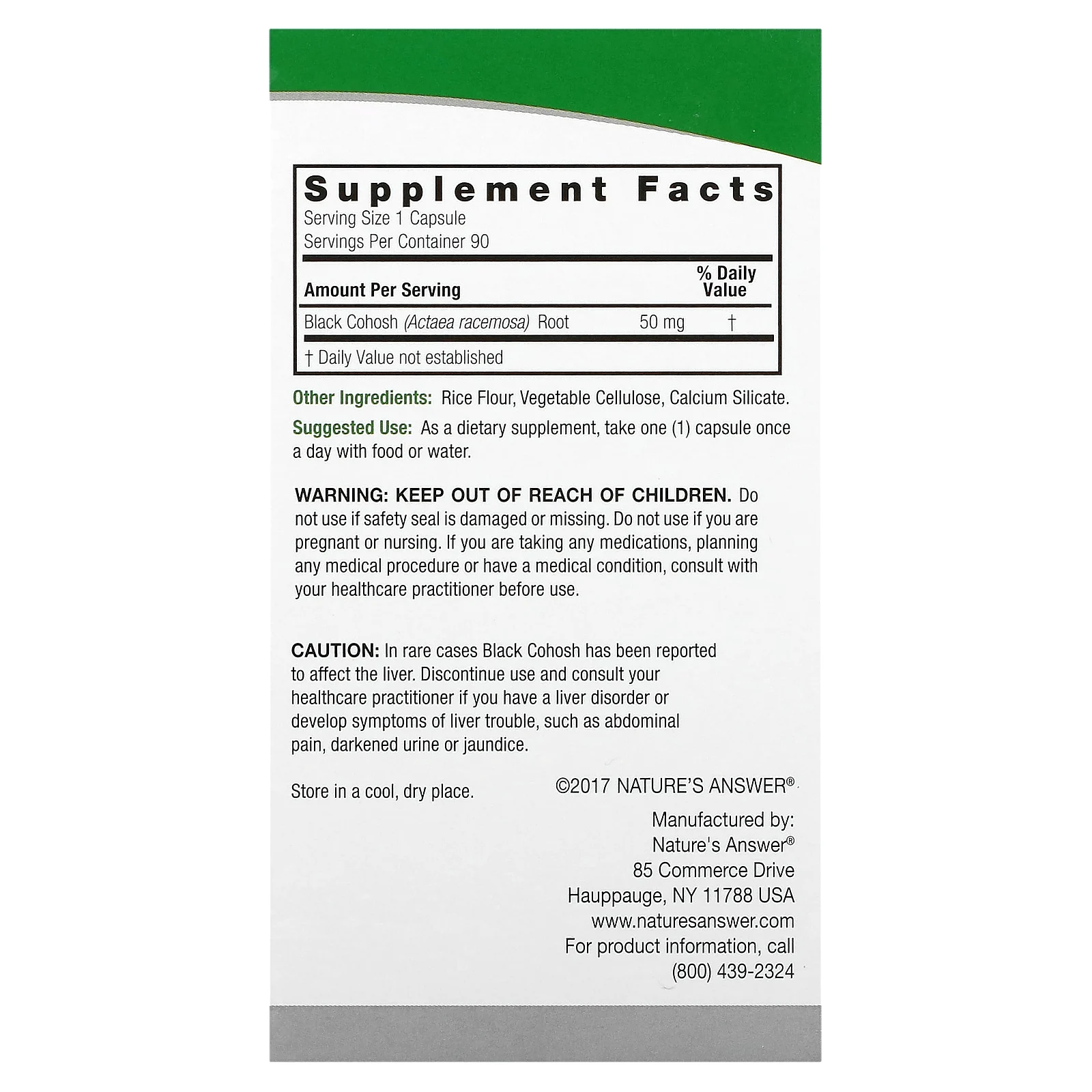 Nature's Answer, Черный кохош, трава полного спектра, 50 мг, 90 вегетарианских капсул