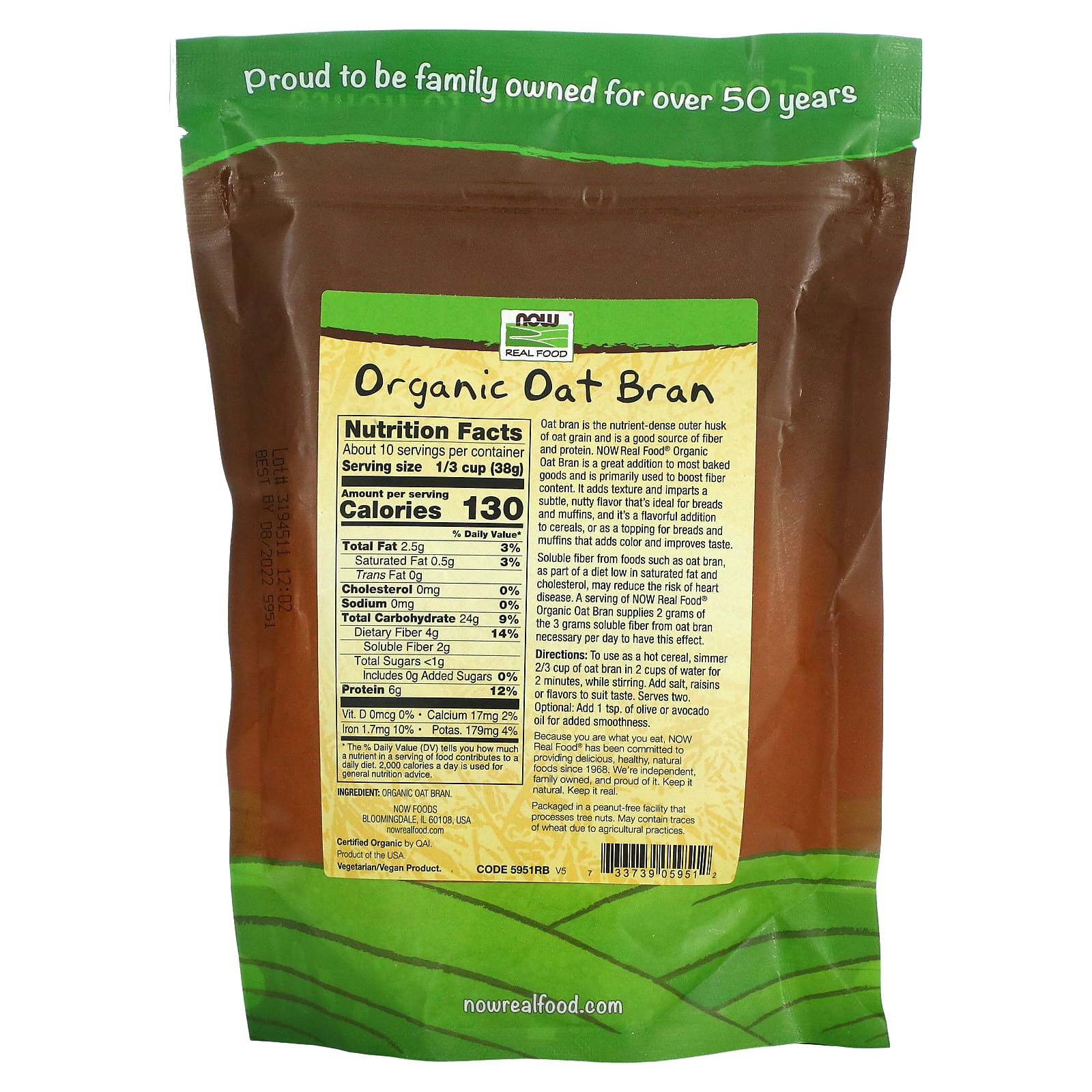 NOW Foods, Real Food, Органические овсяные отруби, 14 унций (397 г)