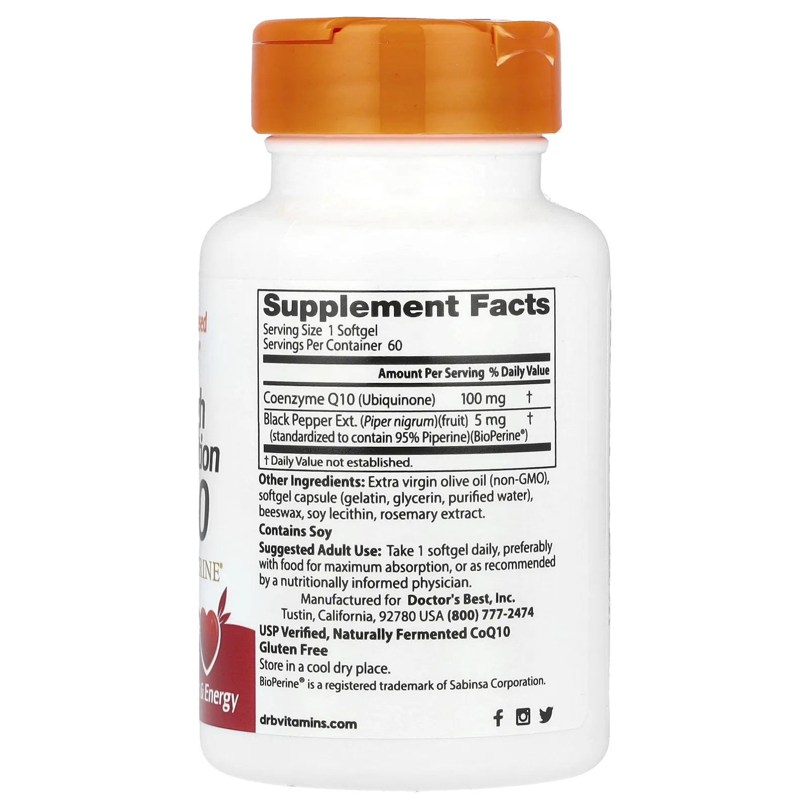 Doctor's Best, коэнзим Q10 с высокой степенью усвоения с BioPerine, 100 мг, 60 мягких таблеток