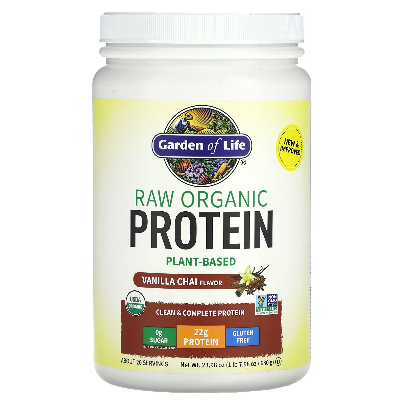 Garden of Life, RAW Organic Protein, органический протеин на растительной основе, ваниль и чай, 680 г (1 фунт, 7,98 унции)