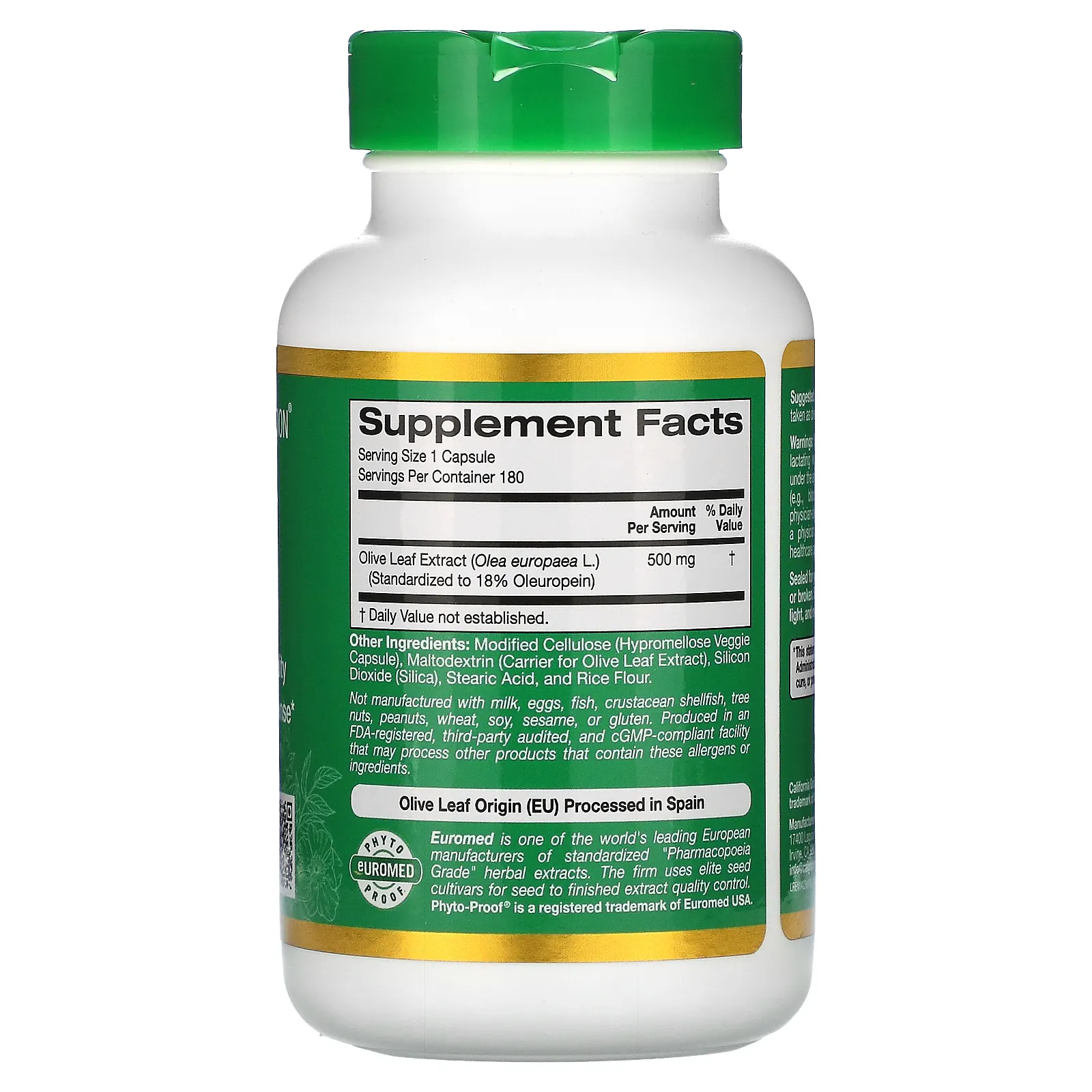 California Gold Nutrition, EuroHerbs, экстракт листьев оливкового дерева, европейское качество, 500 мг, 180 растительных капсул
