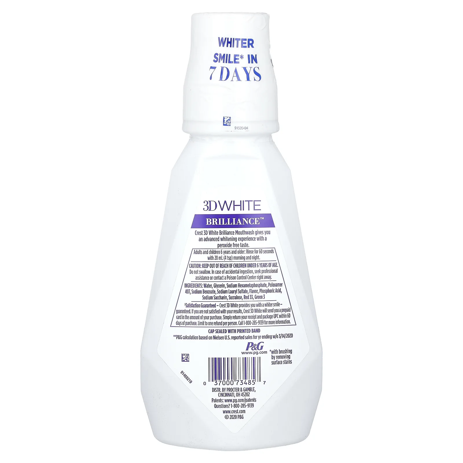 Crest, 3D White Brilliance, отбеливающий ополаскиватель для рта, без спирта, чистая мята, 500 мл (16,9 жидких унций)