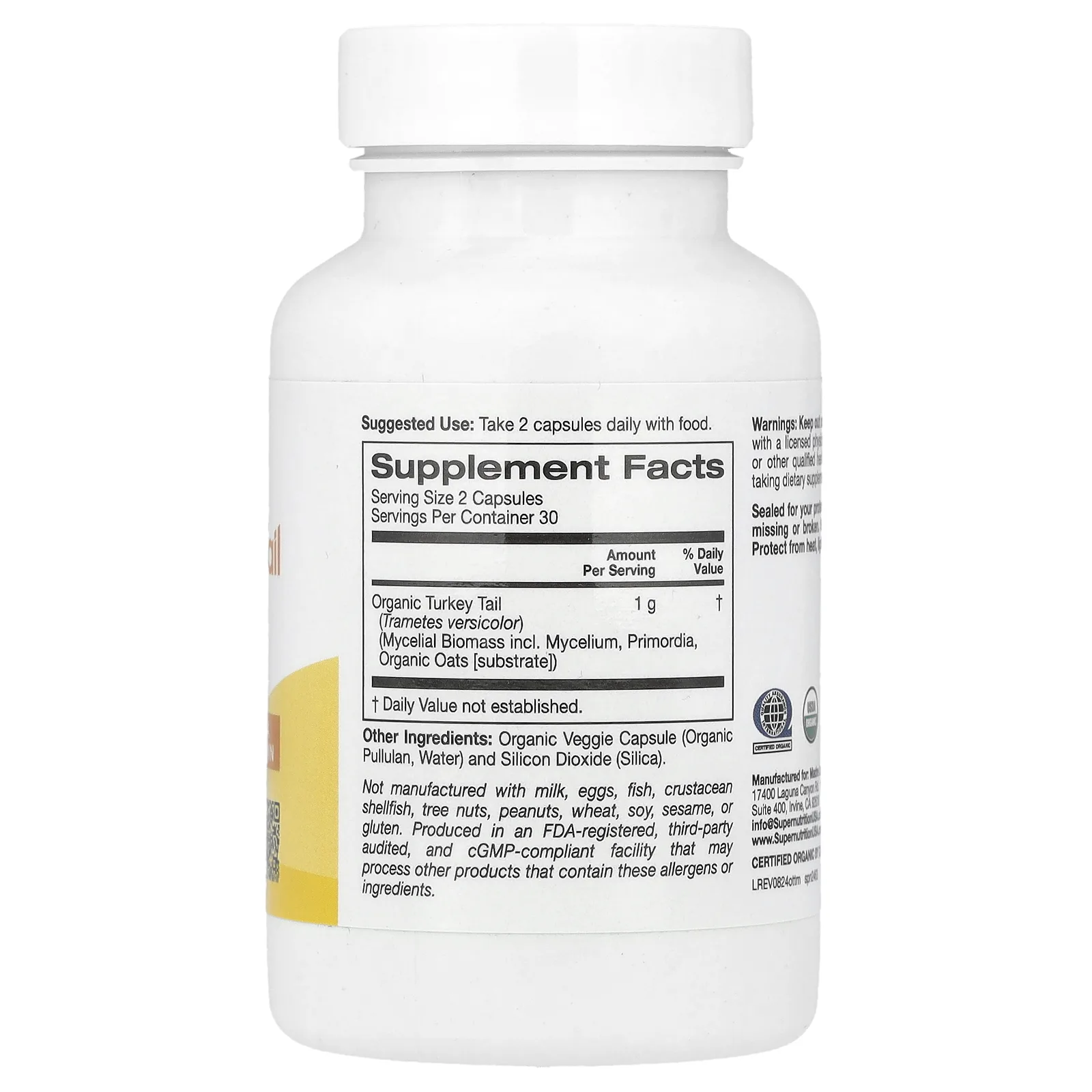 Super Nutrition, органический гриб трутовик разноцветный, 1 г, 60 растительных капсул (0,5 г в 1 капсуле)