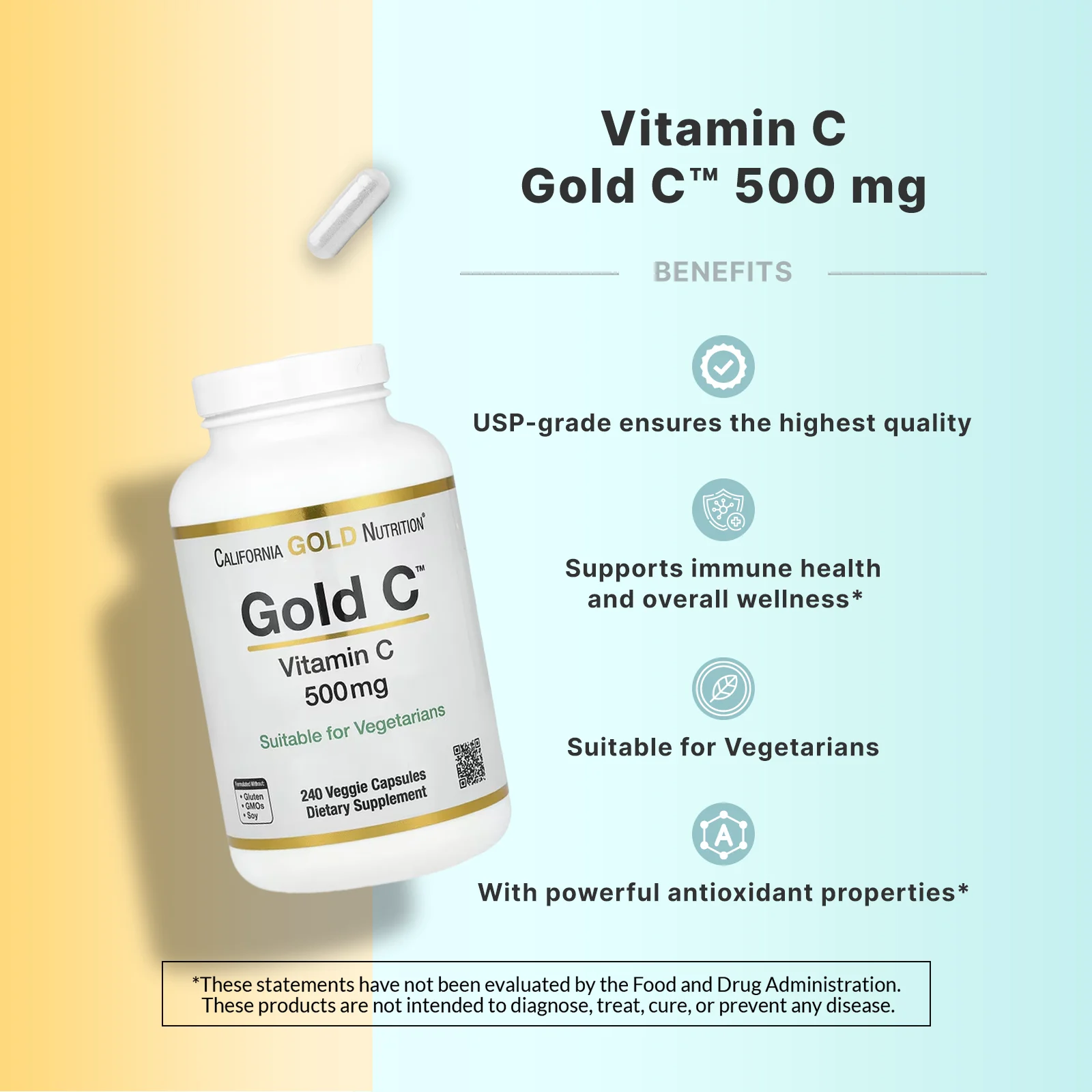California Gold Nutrition, Gold C, витамин C класса USP, 500 мг, 240 вегетарианских капсул