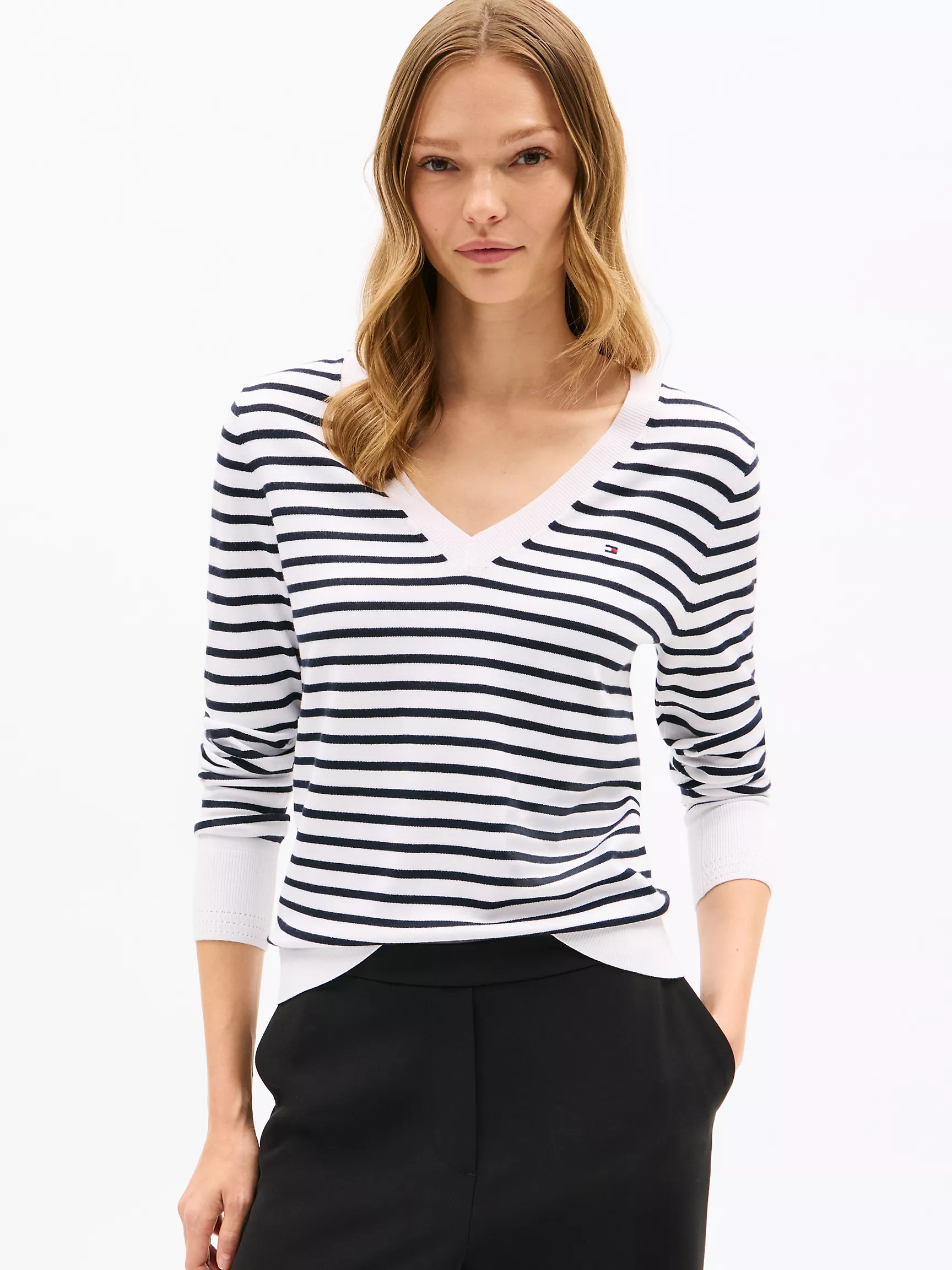 Женский свитер Tommy Hilfiger, Полосатый свитер с V-образным вырезом