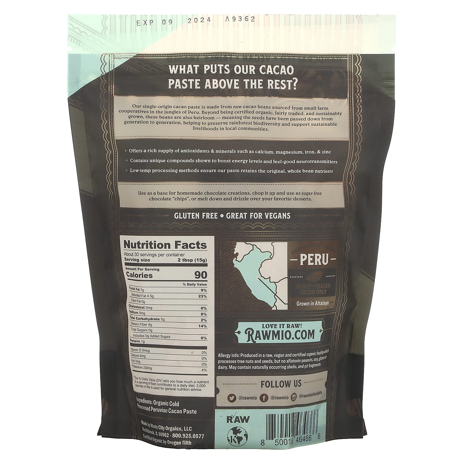 Rawmio, Органическая паста из необработанного какао, несладкая, 1 фунт (16 унций)