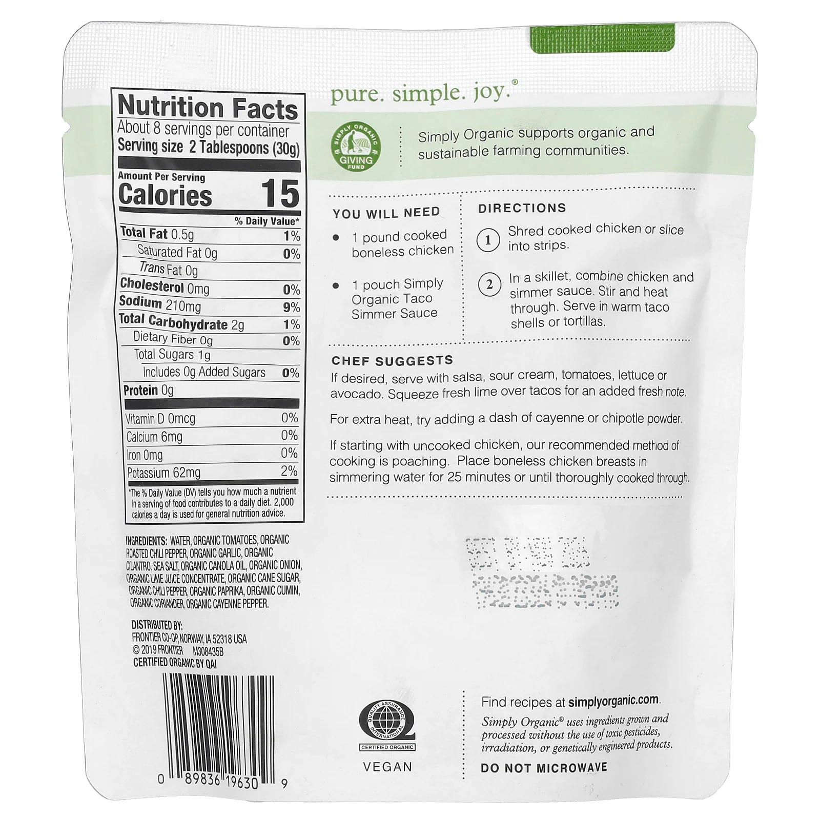 Simply Organic, нежный соус тако для курицы, 227 г (8 унций)