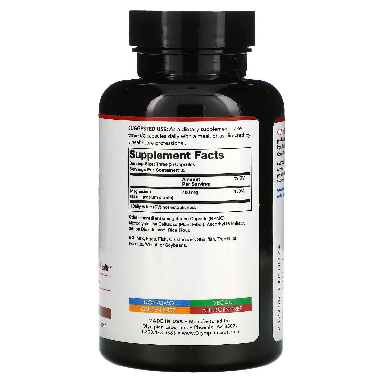 Olympian Labs, цитрат магния, 400 мг, 100 вегетарианских капсул (133 мг в 1 капсуле)
