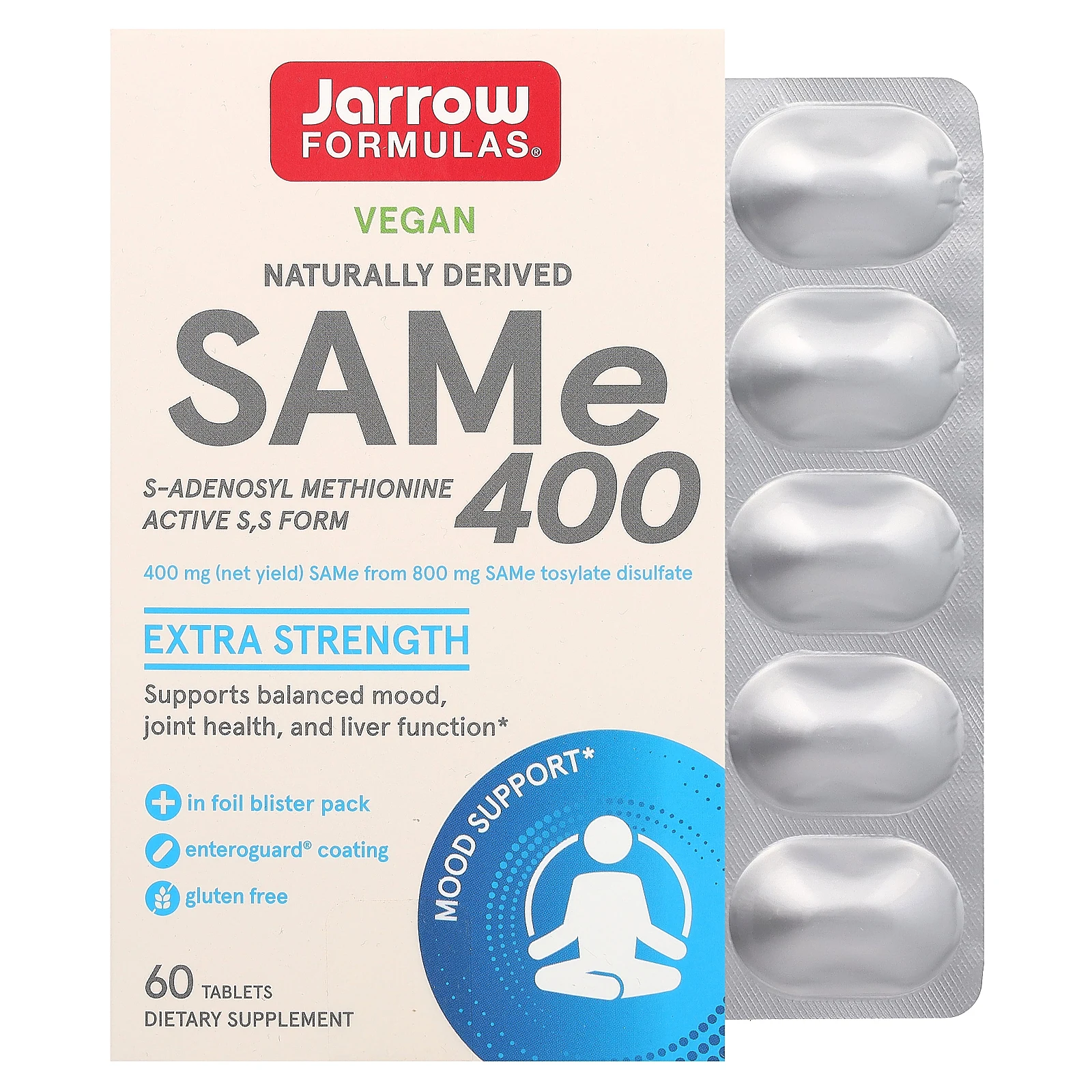 Jarrow Formulas, SAMe 400, повышенная сила действия, 400 мг, 60 таблеток