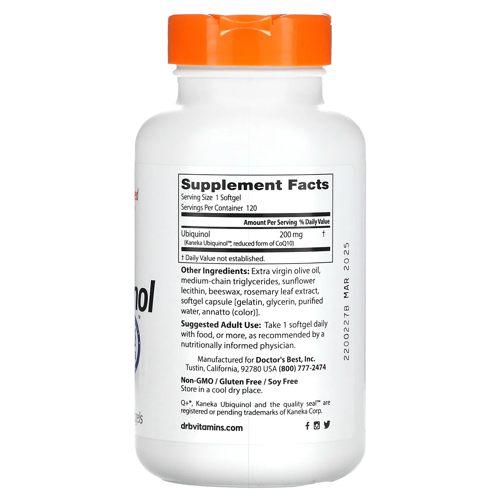 Doctor's Best, убихинол с Kaneka, 200 мг, 120 капсул