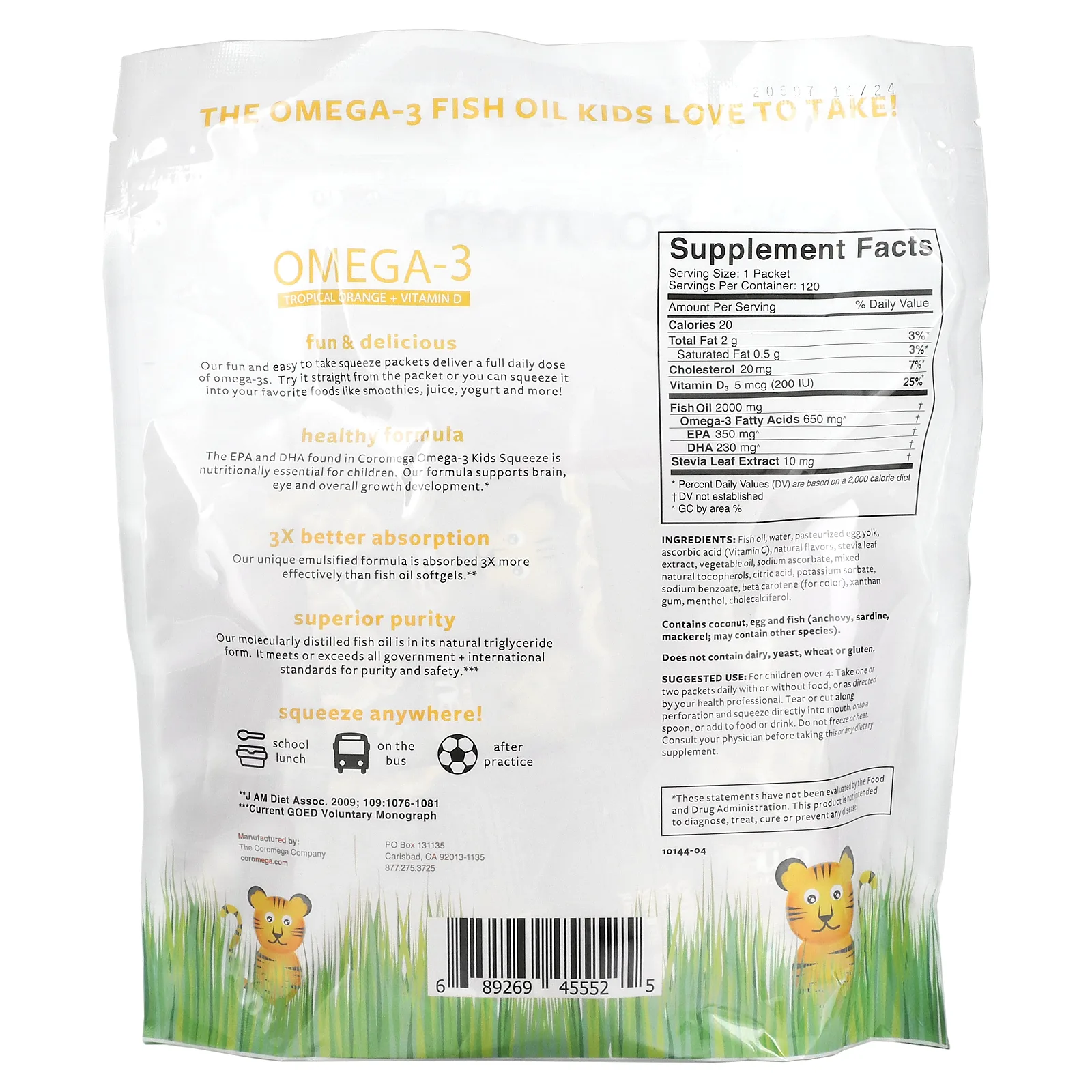 Coromega, Для детей, омега-3, тропический апельсин и витамин D, 120 капсул на одну порцию, по 2,5 г