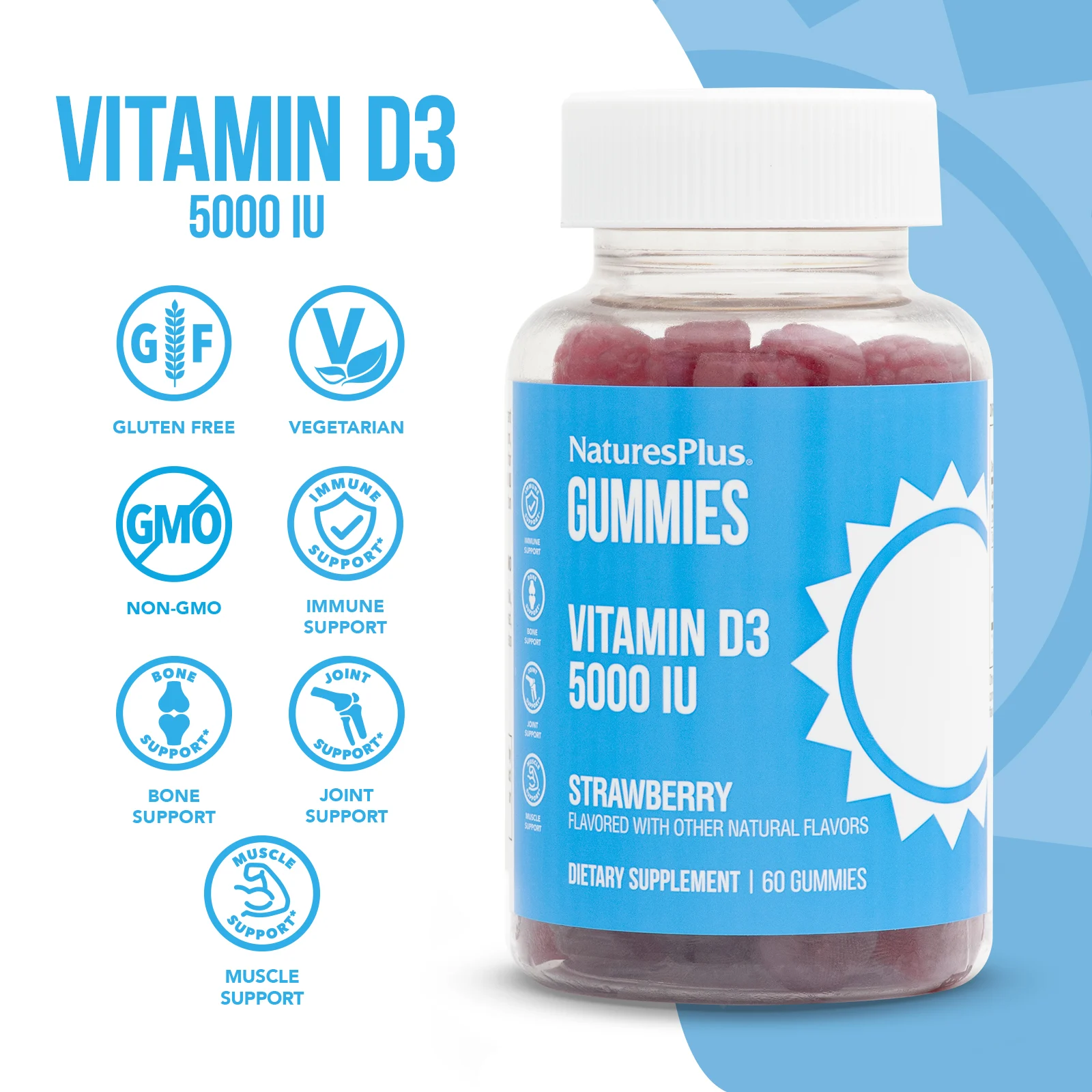 NaturesPlus, Жевательные таблетки с витамином D3, клубника, 5000 МЕ, 60 жевательных таблеток