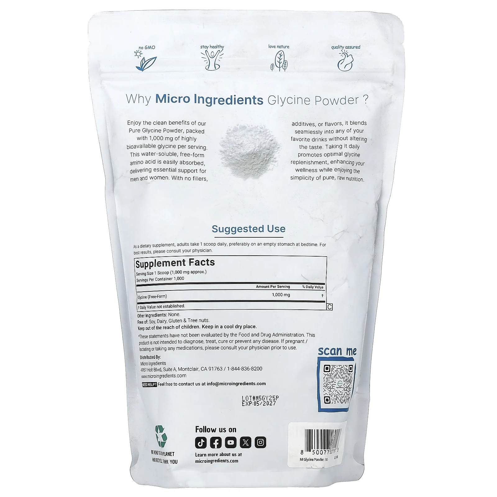 Micro Ingredients, глицин в порошке, 1 кг (2,2 фунта)