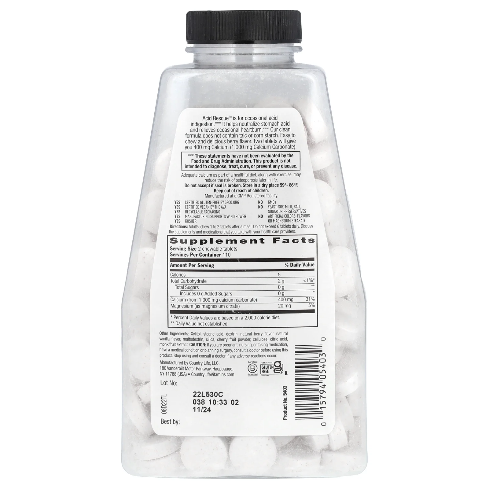 Country Life, Acid Rescue, карбонат кальция, ягоды, 1000 мг, 220 жевательных таблеток (500 мг на таблетку)