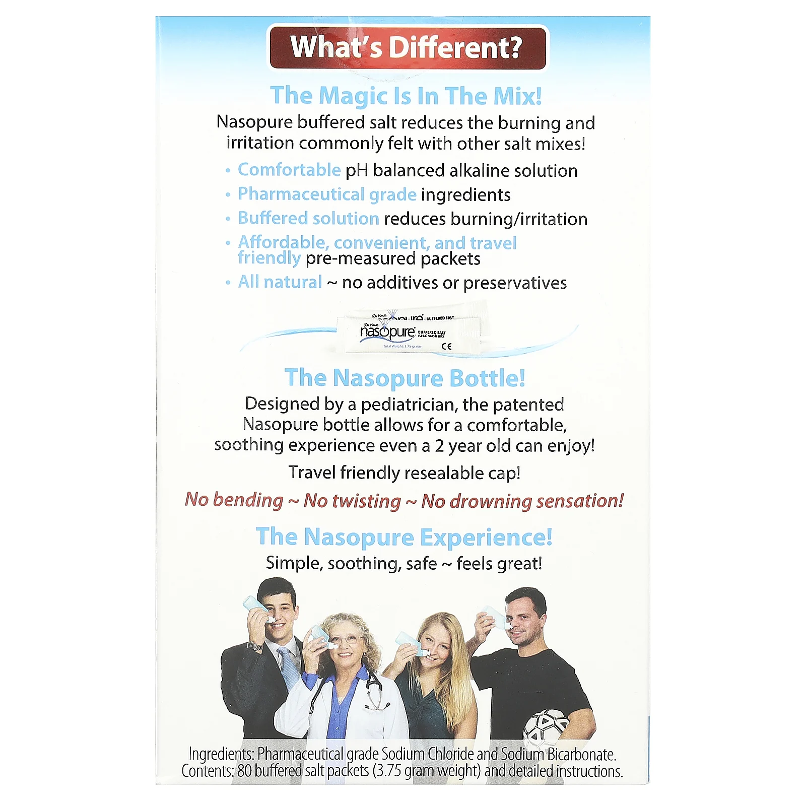 Nasopure, промывание носа, полезный набор для повторного использования, 80 пакетиков буферизованной соли
