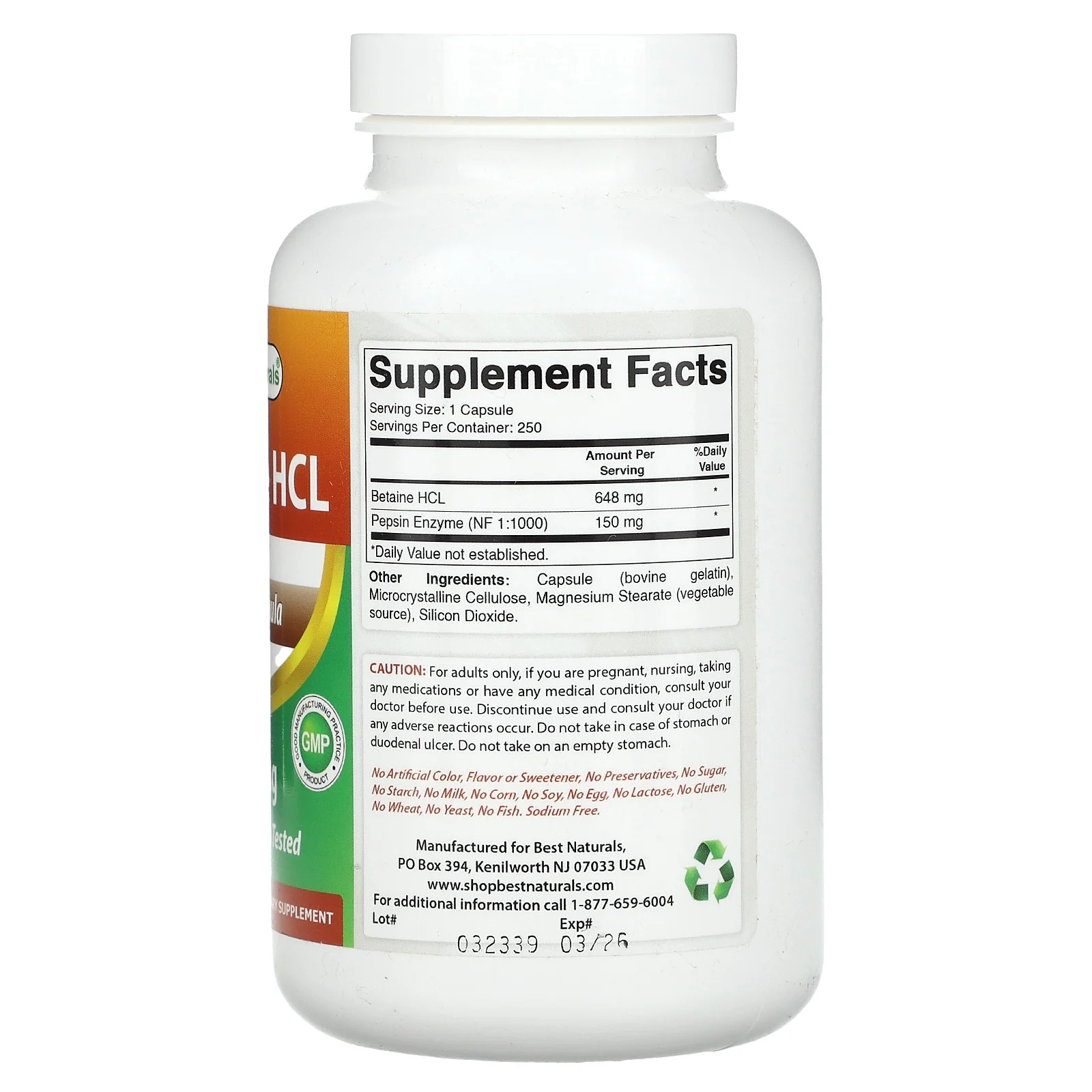 Best Naturals, Бетаина гидрохлорид, 648 мг, 250 капсул