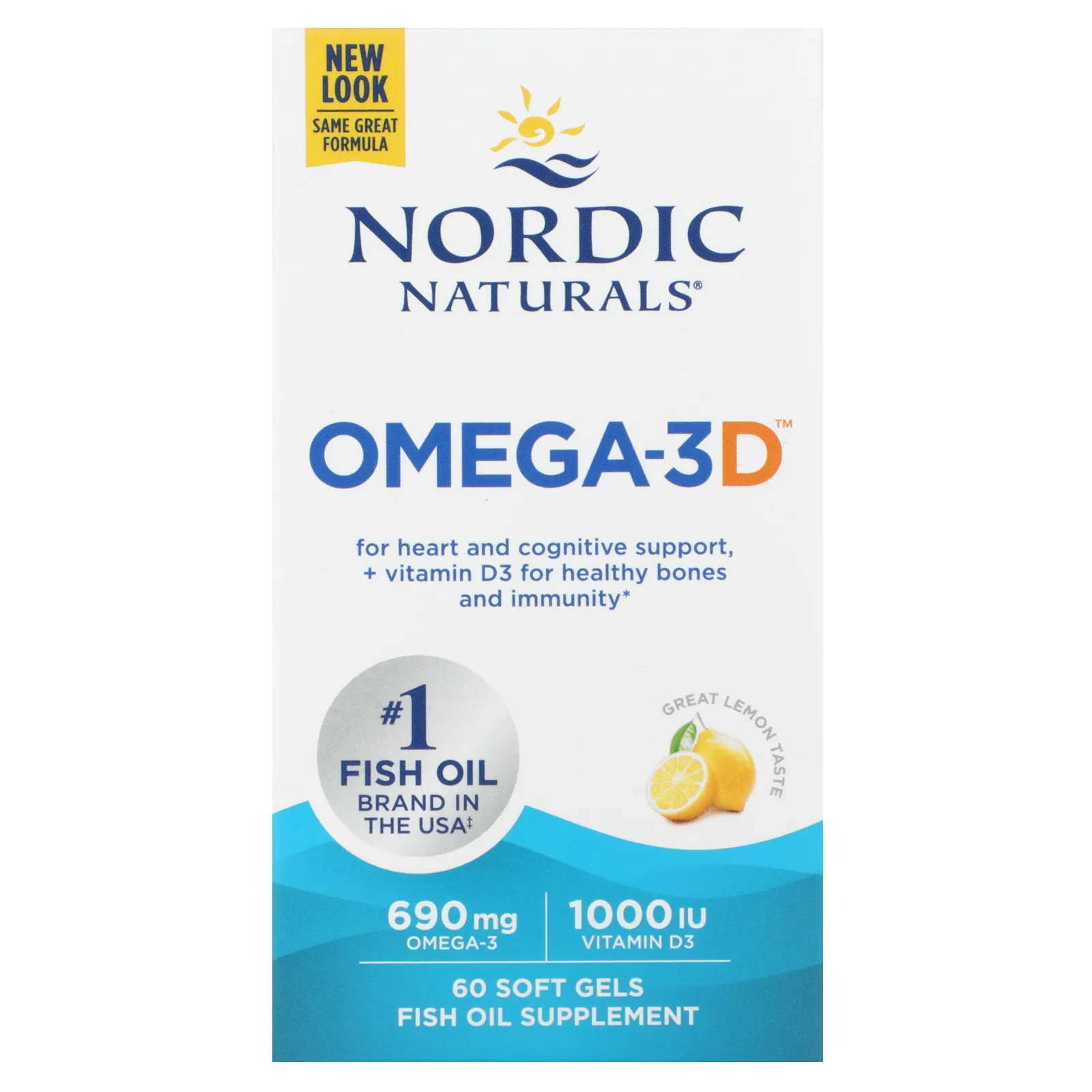Nordic Naturals, Omega-3D, со вкусом лимона, 60 капсул